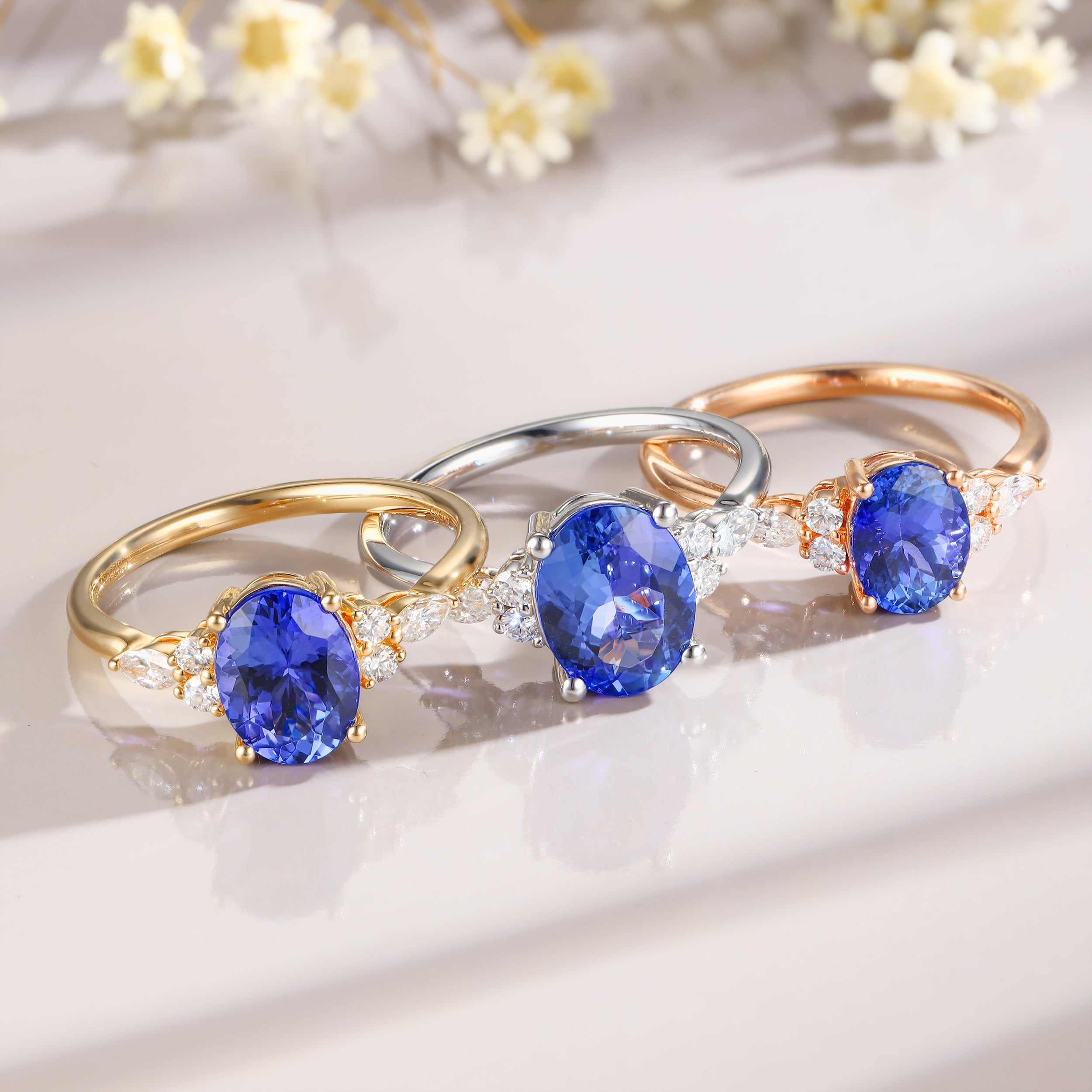 6*8mm Oval Cut Tanzanite Engagement 14K White Gold Birthday Gift Promise Ring