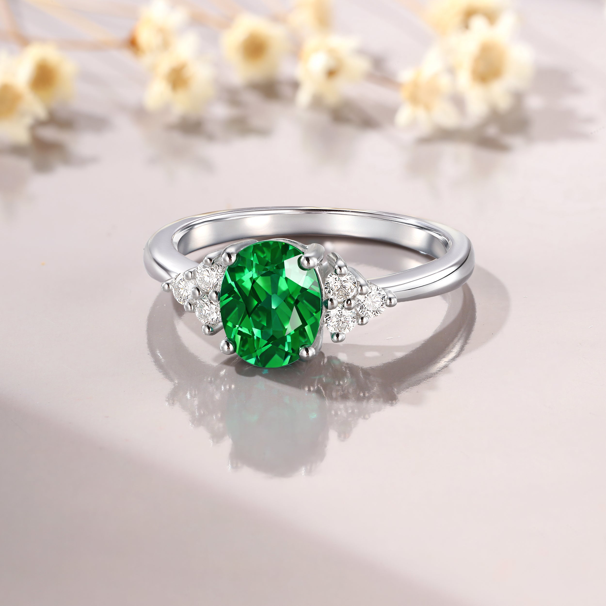 1.5CT Oval Cut Moissanite Lab Emerald Engagement Ring Set Vintage Bridal Set