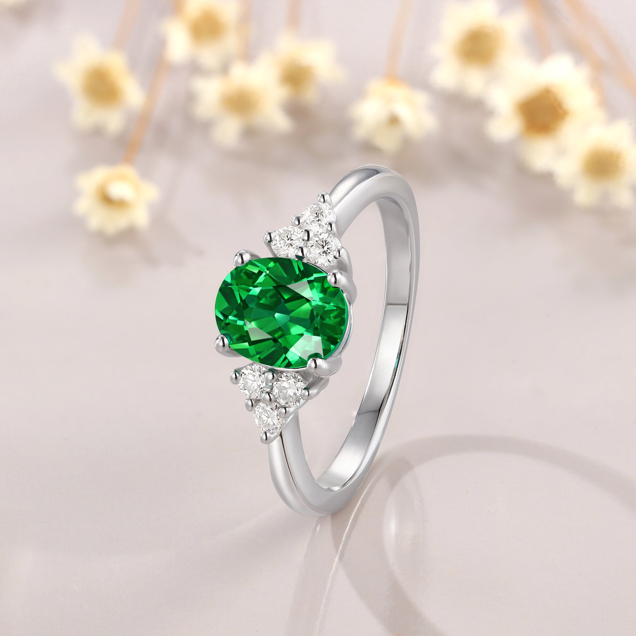 1.5CT Oval Cut Moissanite Lab Emerald Engagement Ring Set Vintage Bridal Set