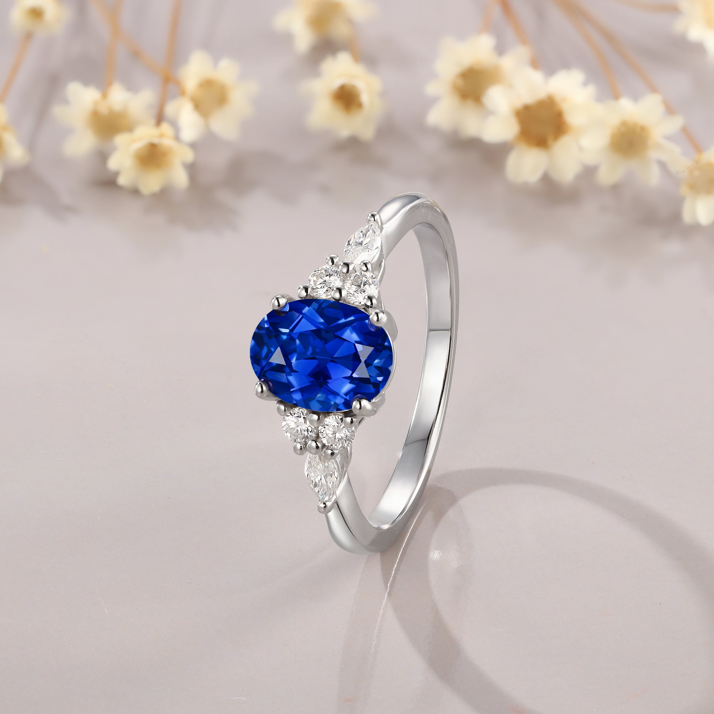 1.5CT Oval Cut Sapphire Ring in White Gold with Moissanite