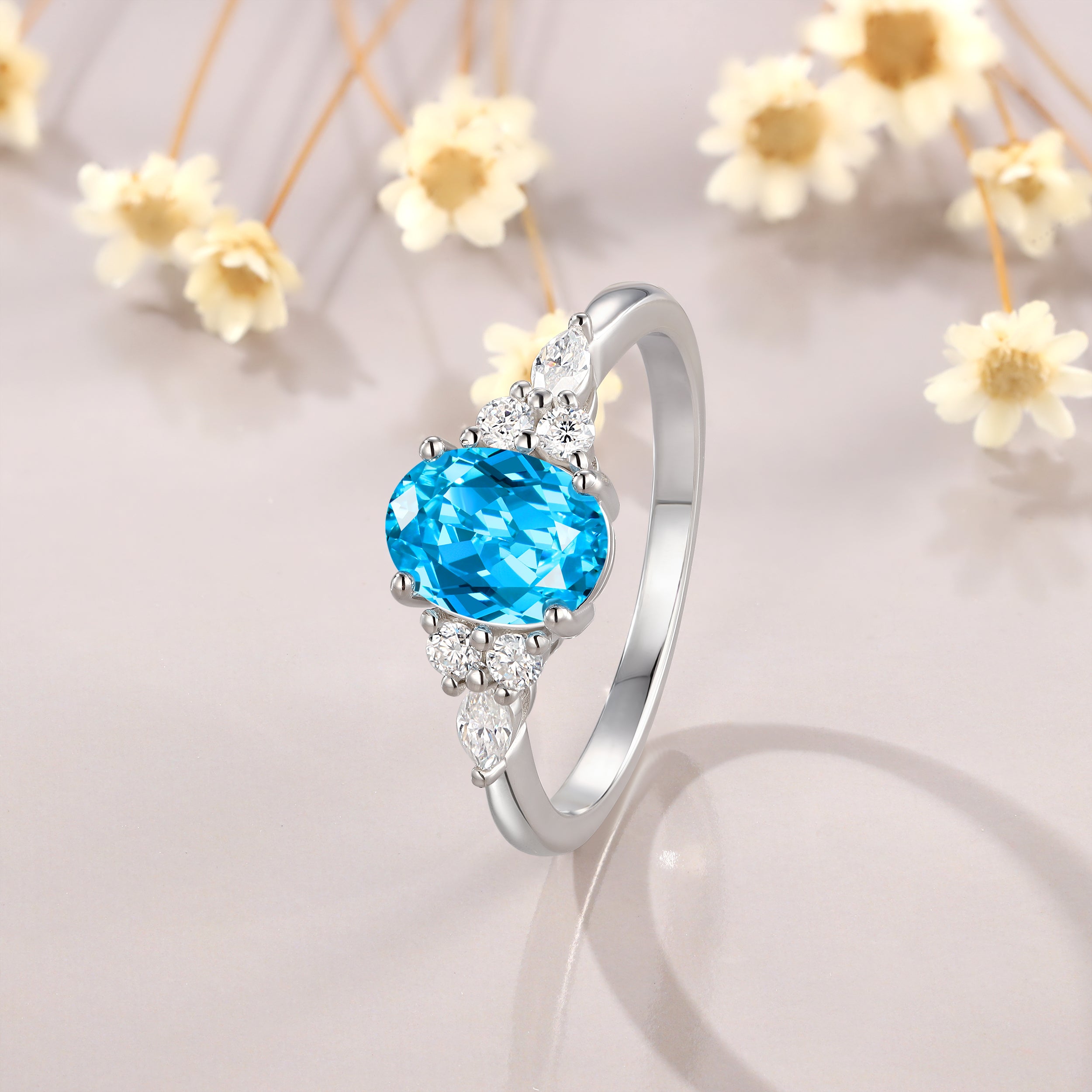 1.5CT White Gold Oval Cut Blue Topaz Engagement Ring for Women