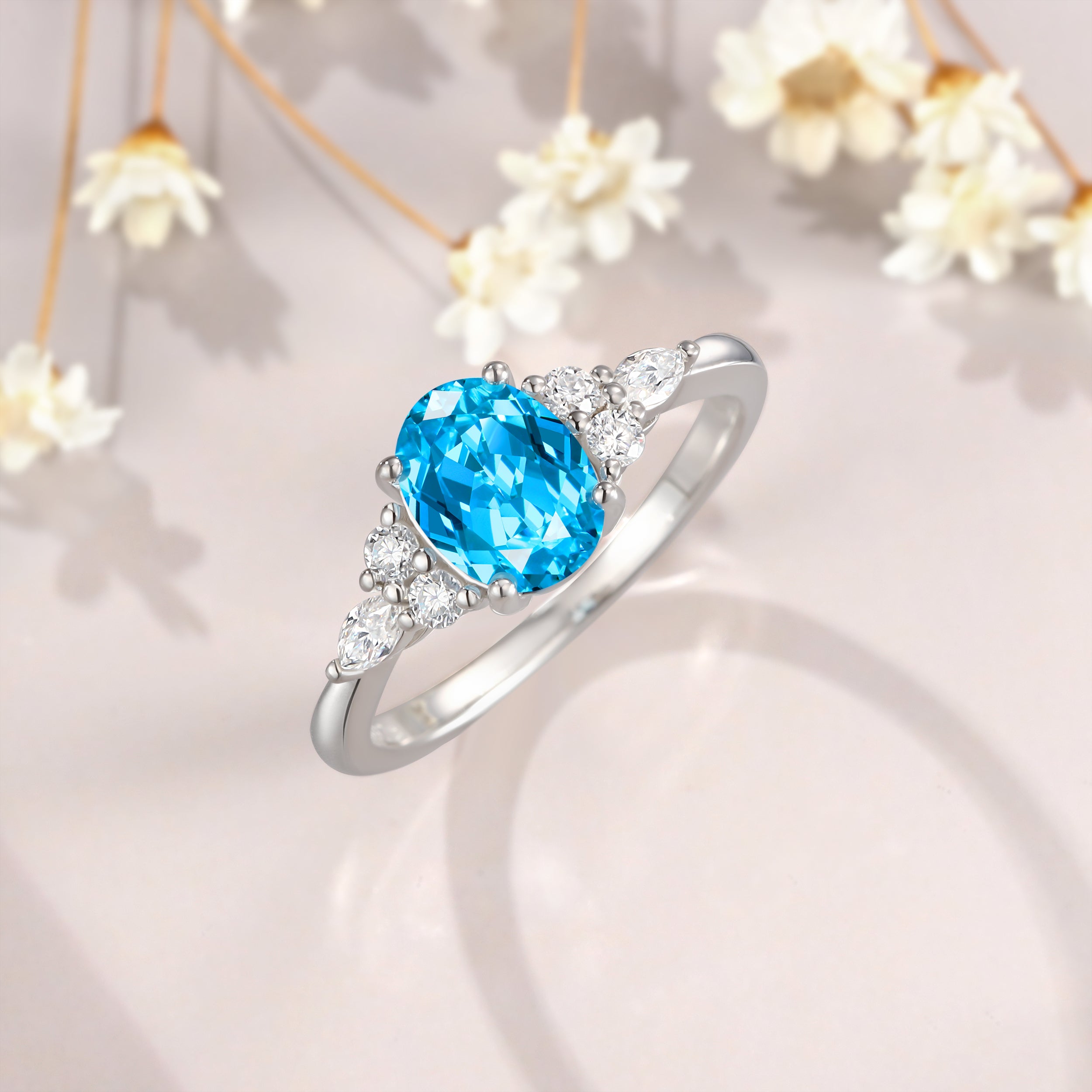 1.5CT White Gold Oval Cut Blue Topaz Engagement Ring for Women