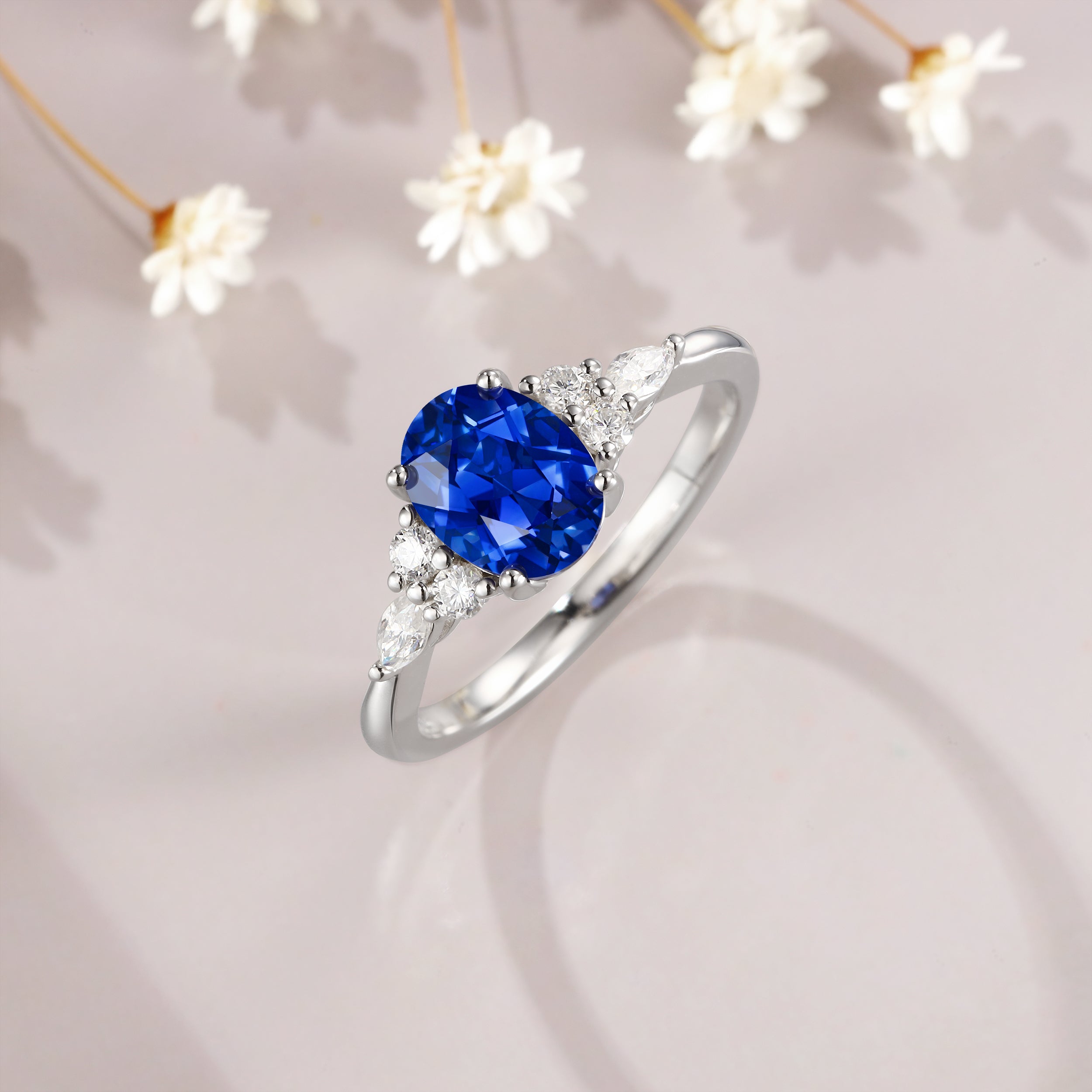 1.5CT Oval Cut Sapphire Ring in White Gold with Moissanite