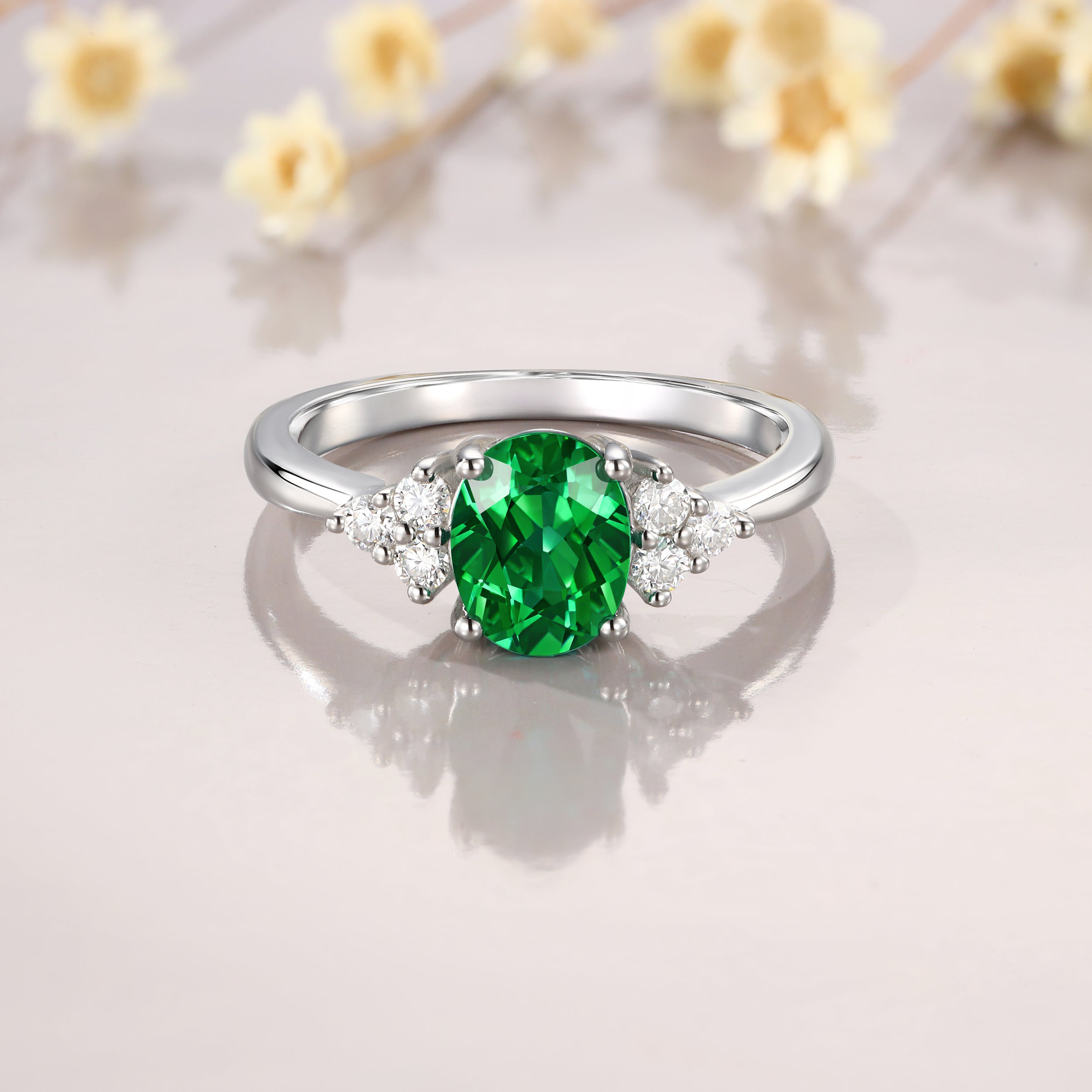 1.5CT Oval Cut Moissanite Lab Emerald Engagement Ring Set Vintage Bridal Set