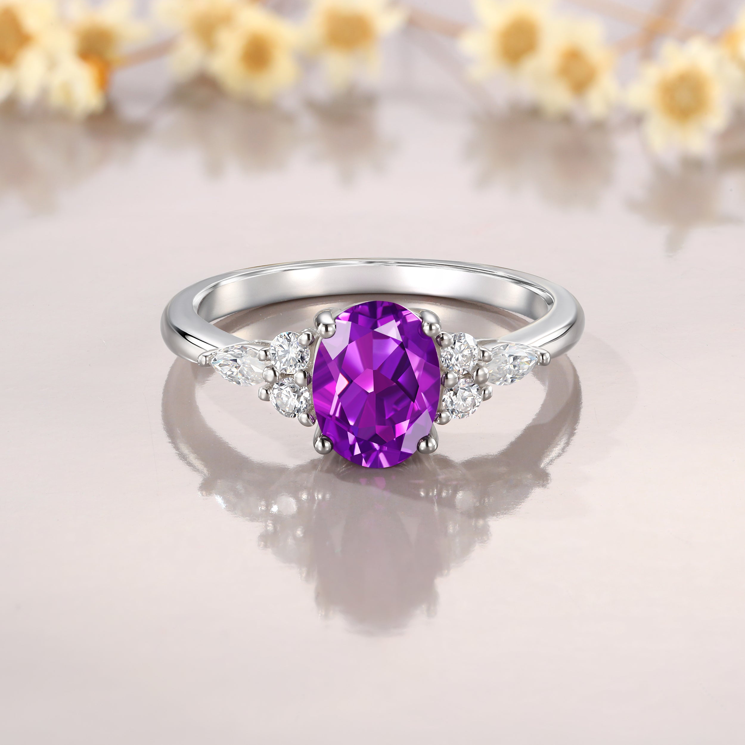 1.5CT Vintage Oval Cut Moissanite Amethyst 14K White Gold Promise Ring
