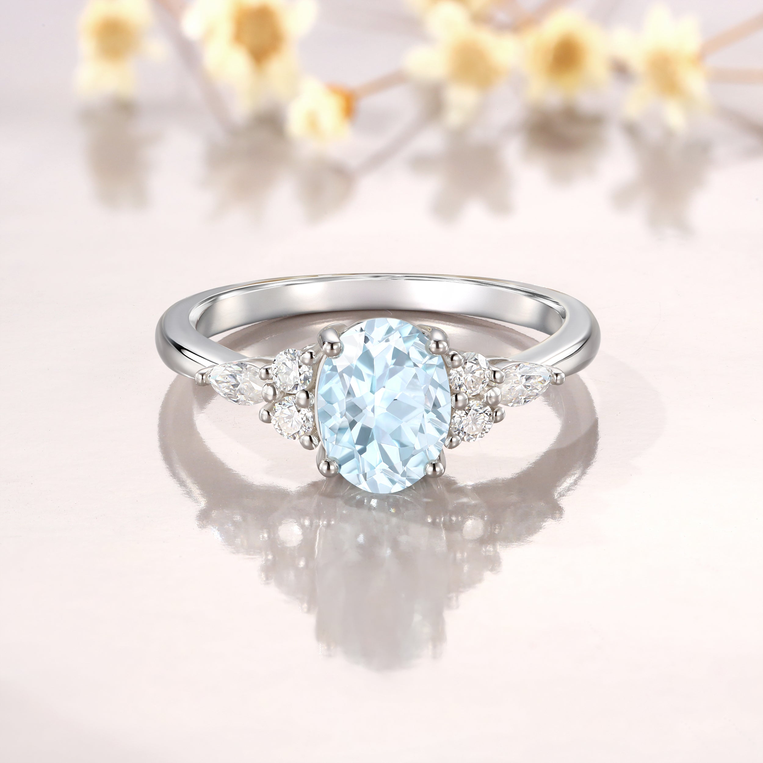 1.5CT Oval Cut Aquamarine with Moissanite Lab Grown Diamond Engagement Ring