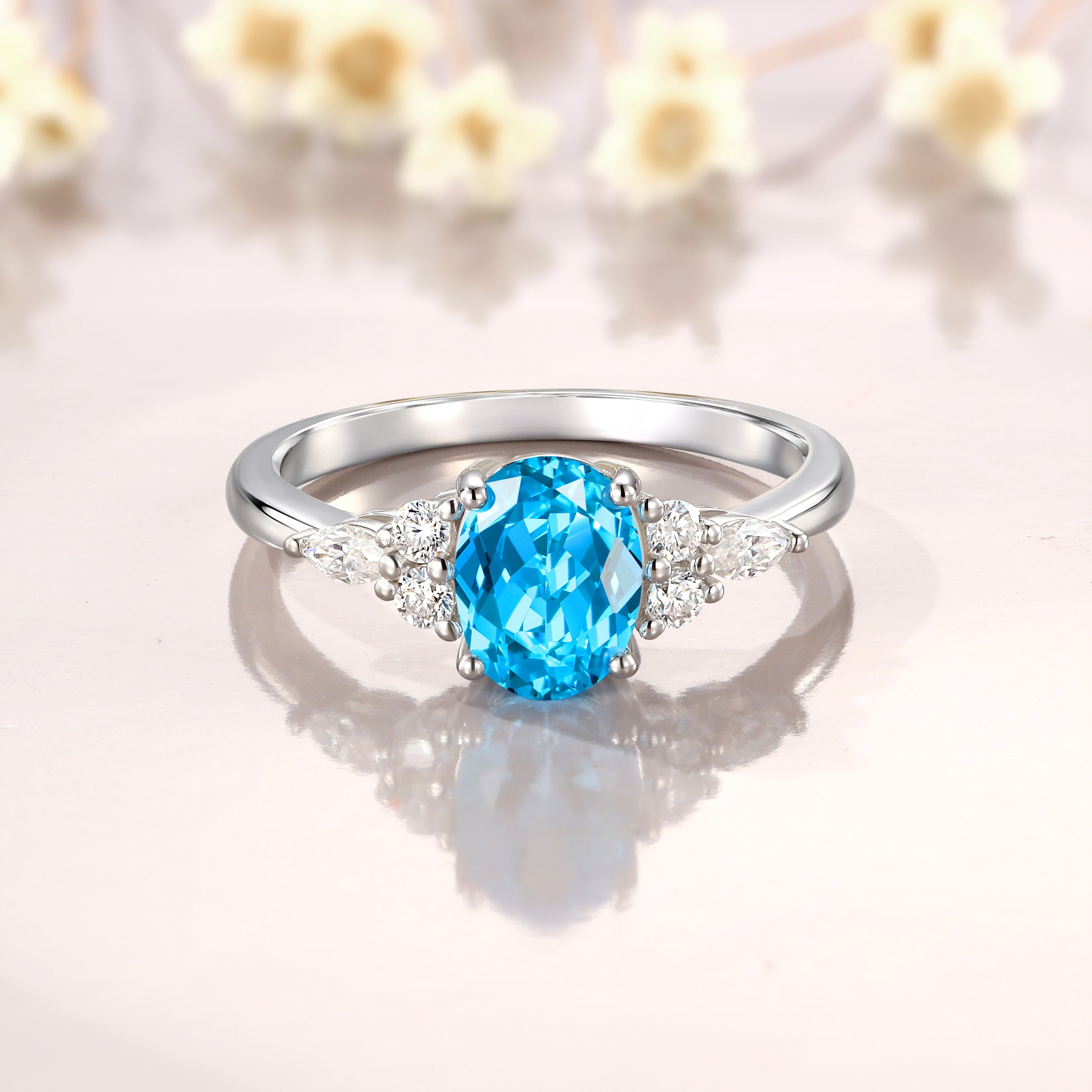 1.5CT White Gold Oval Cut Blue Topaz Engagement Ring for Women