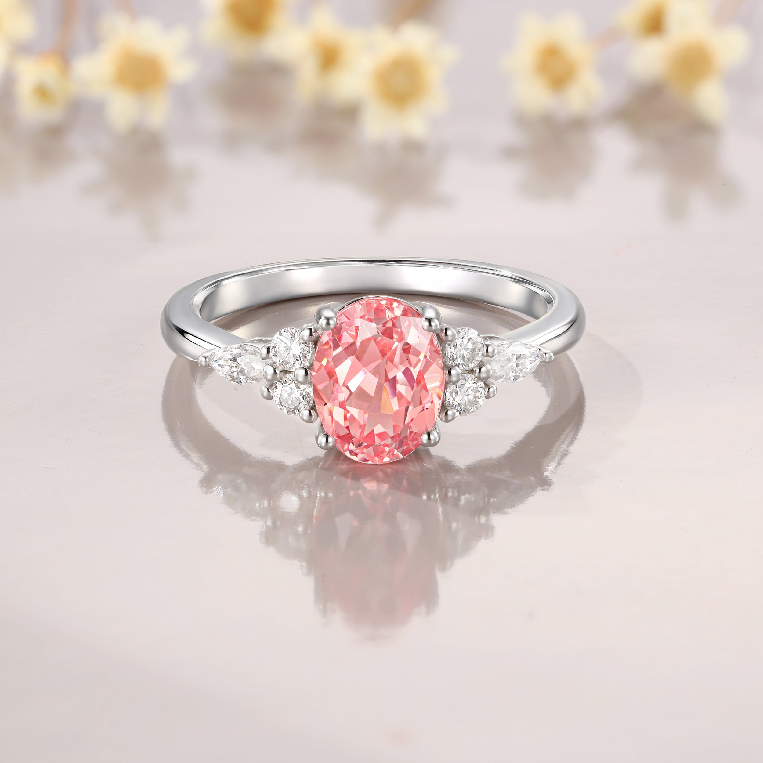 1.5CT Oval Cut Padparadscha Engagement Ring Set Delicate Bridal Set