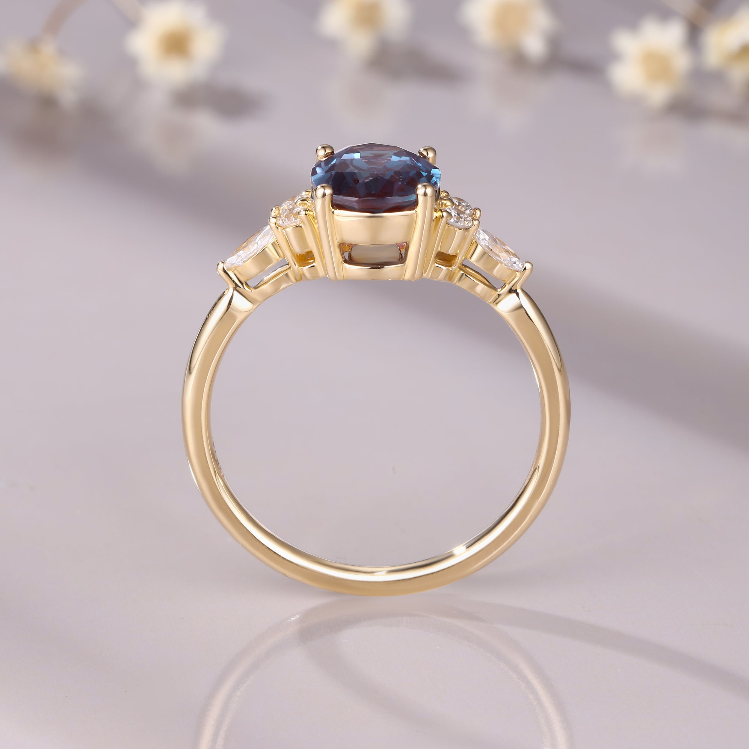 Oval Cut Alexandrite Moissanite 14K White Gold Color Changing Gemtone June Birthstone Ring