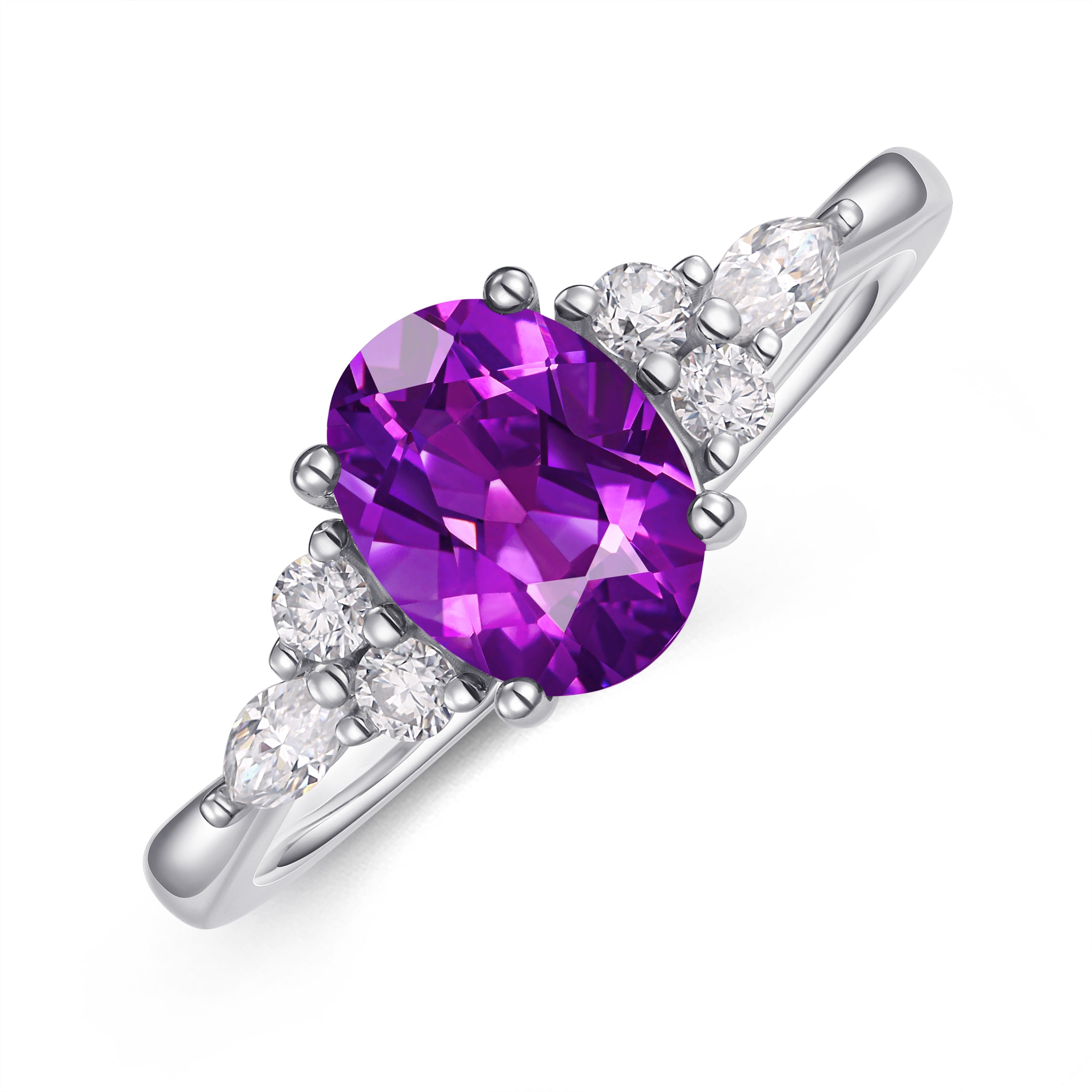 1.5CT Vintage Oval Cut Moissanite Amethyst 14K White Gold Promise Ring