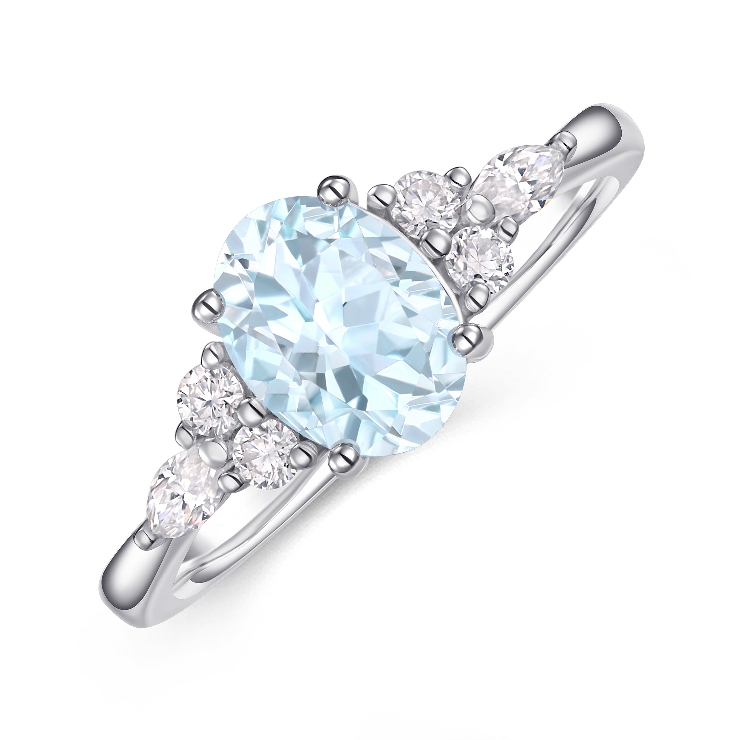 1.5CT Oval Cut Aquamarine with Moissanite Lab Grown Diamond Engagement Ring