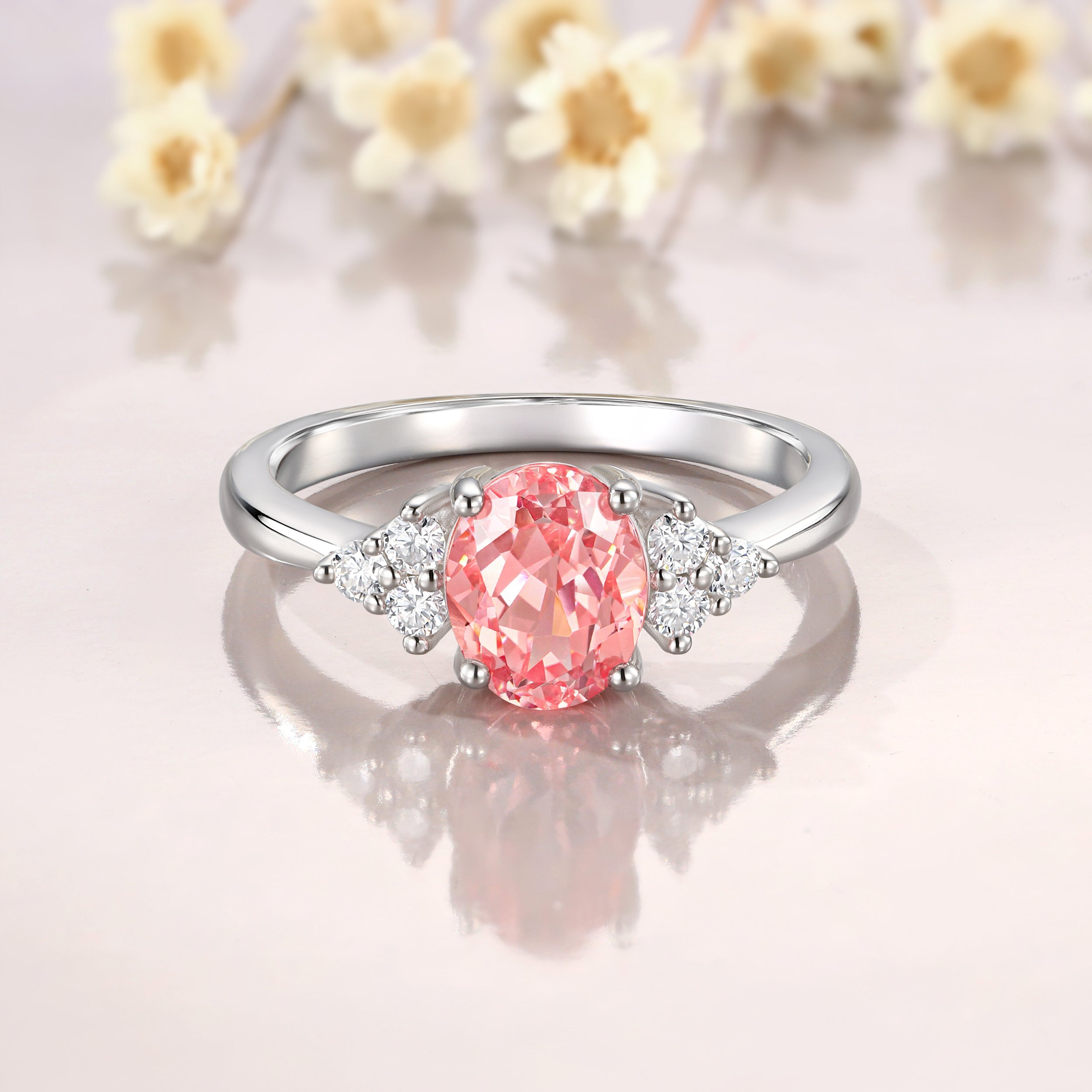 1/2CT Oval Cut Moissanite Lab Padparadscha Classic Side Stone Engagement Ring