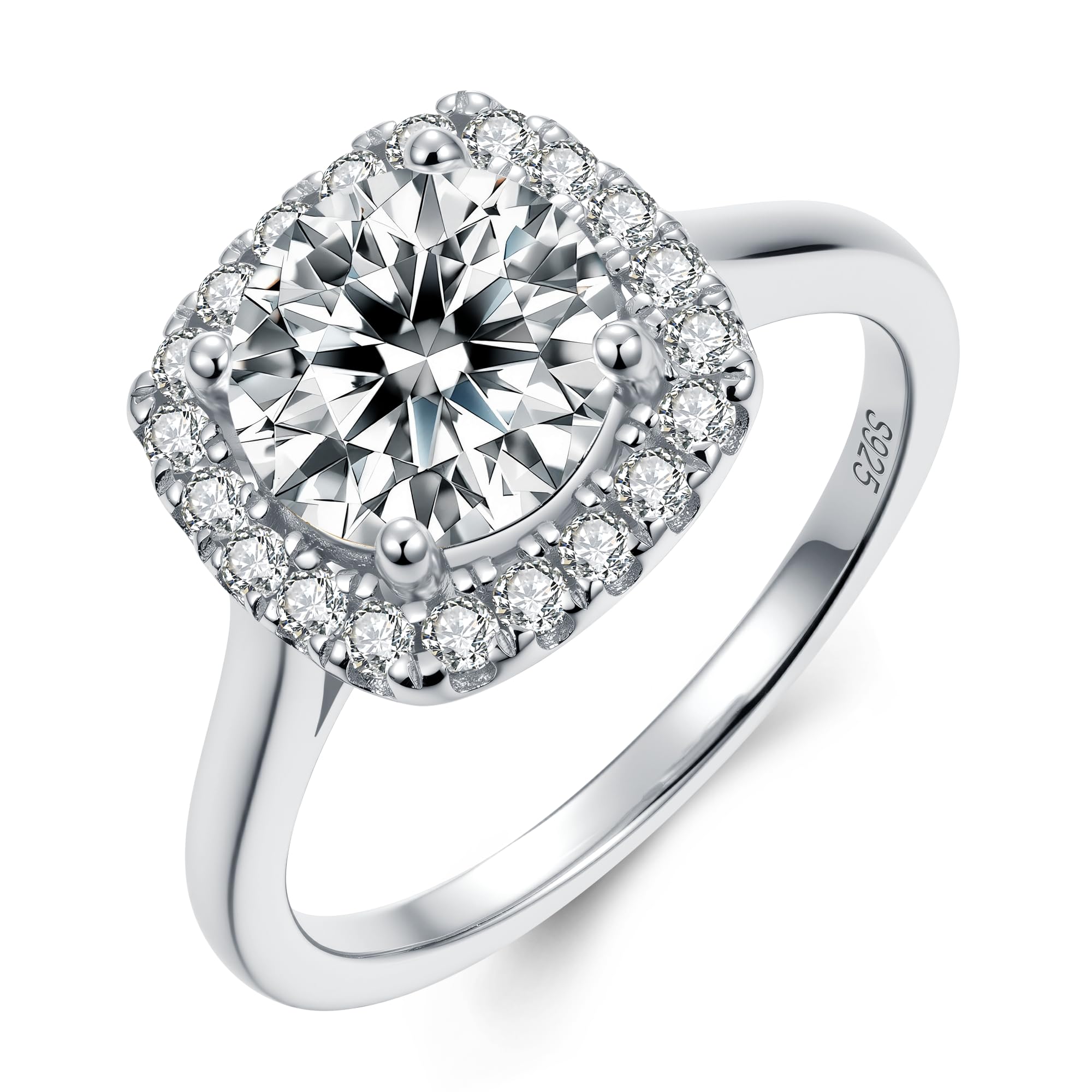 1CT/2CT Halo Moissanite Engagement Ring for Women, Cushion Shaped 925 Sterling Silver Plated White Gold, Promise Wedding Rings for April Birthstone Valentines Day Anniversary Christmas