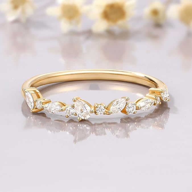 Marquise Cut Moissanite  Curved Wedding Band With Leaf Shaped