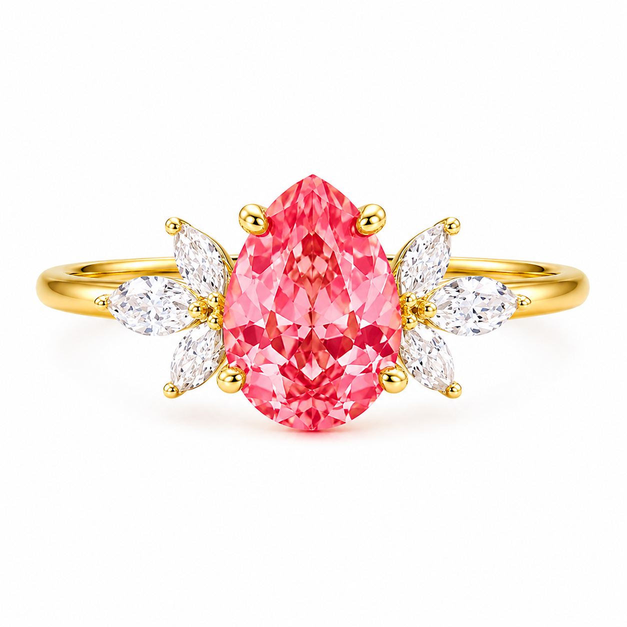 Pear Cut Padparadscha Engagement Ring with Marquise Cluster Accents