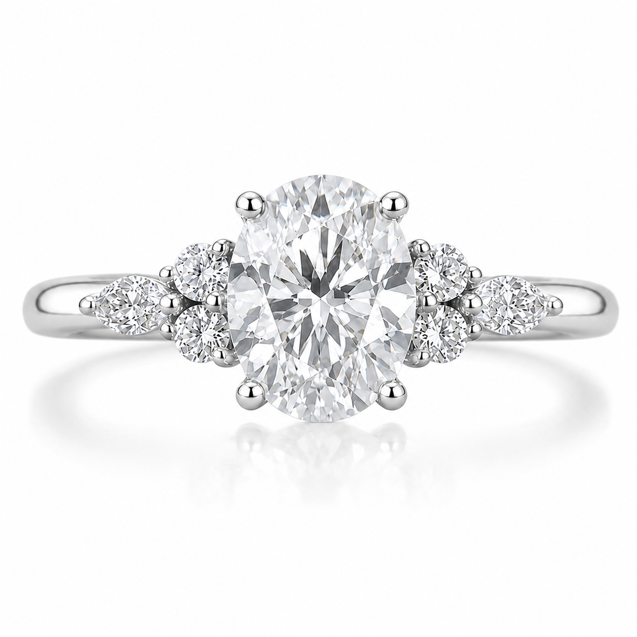 1.5CT Oval Cut Moissanite Classic Side Stone Engagement Ring in White Gold