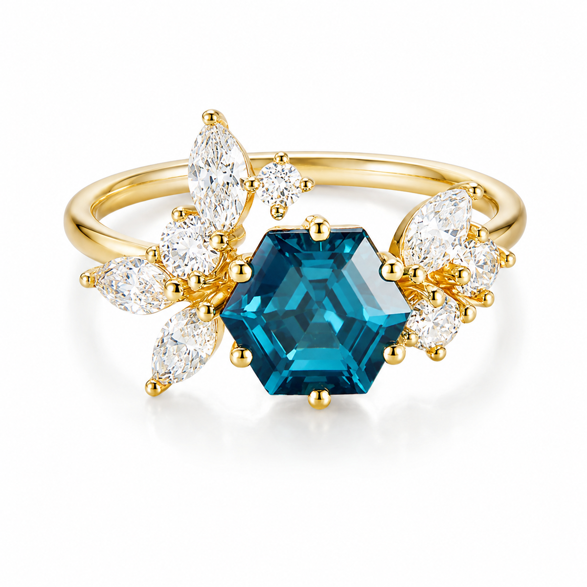 Vintage Hexagon Cut Alexandrite Moissanite Engagement Set 14K Yellow Gold June Birthstone Ring
