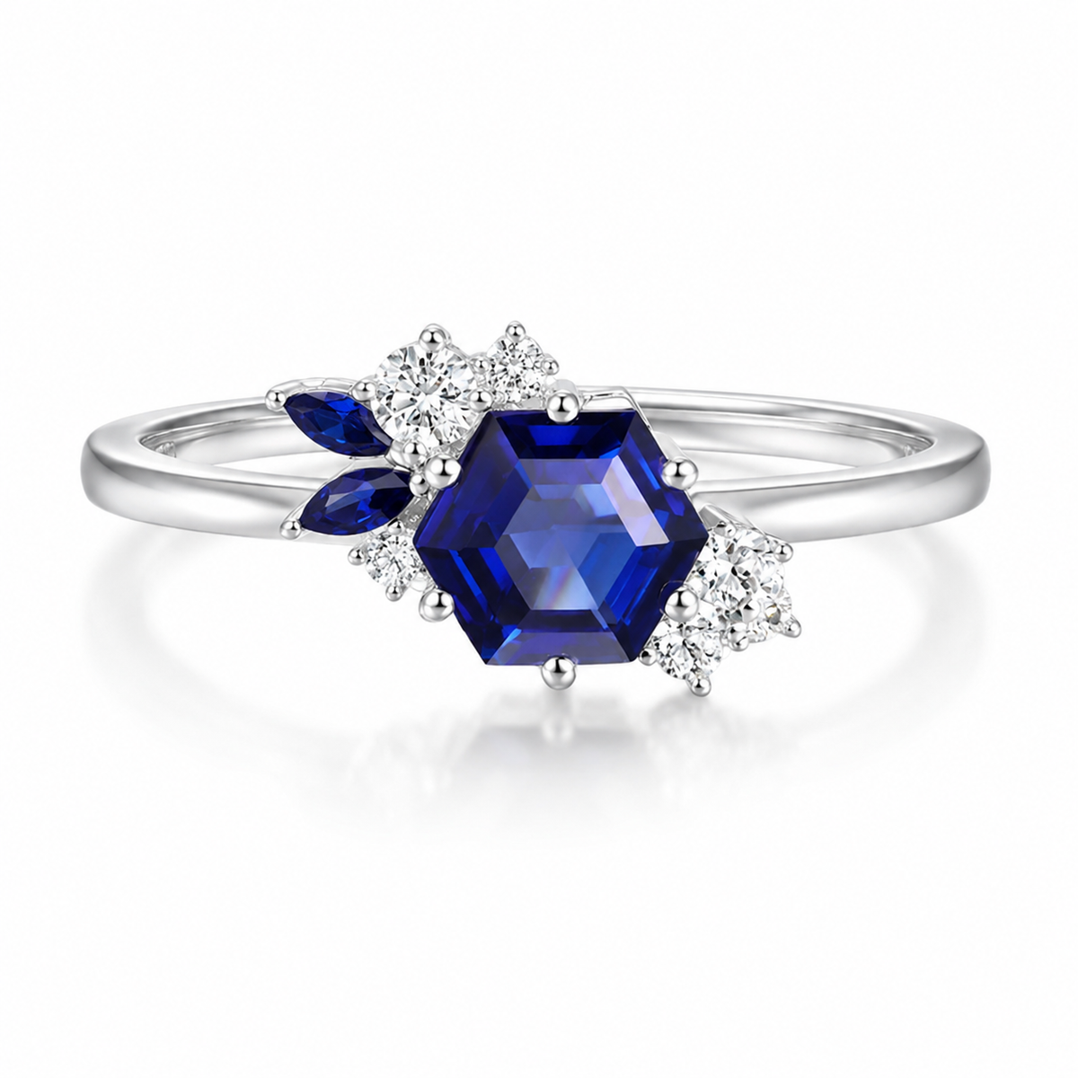 Hexagon Cut Blue Sapphire White Gold Engagement September Birthstone Wedding Ring