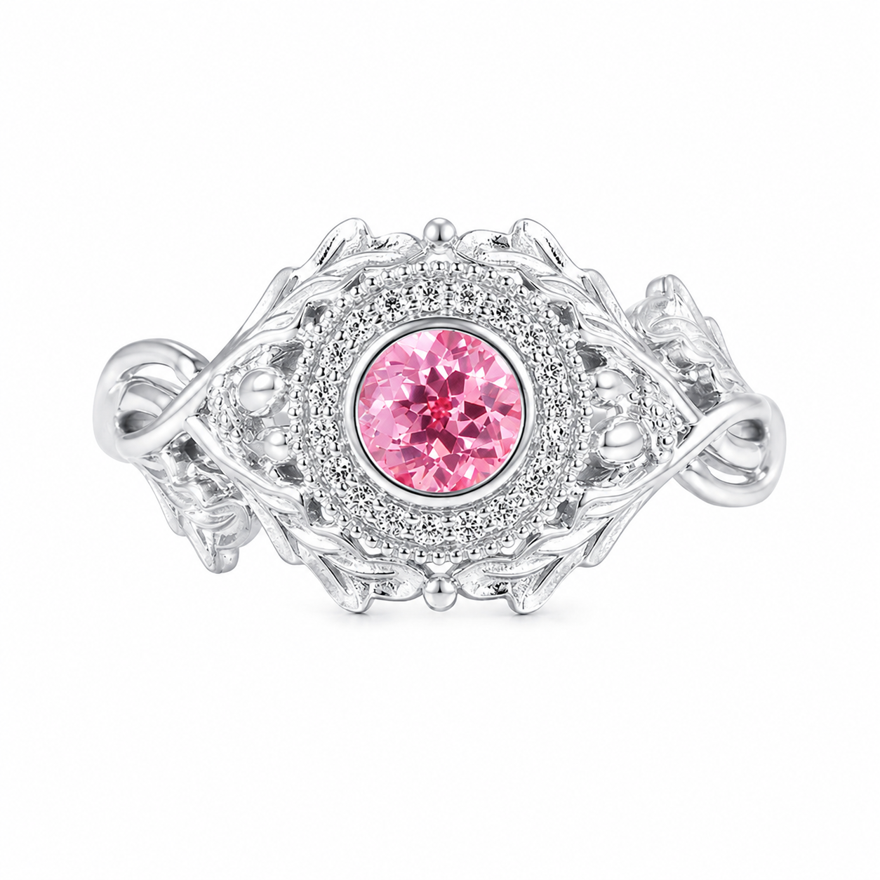 Nature Inspired Round Cut Moissanite Lab Pink Sapphire Engagement Ring
