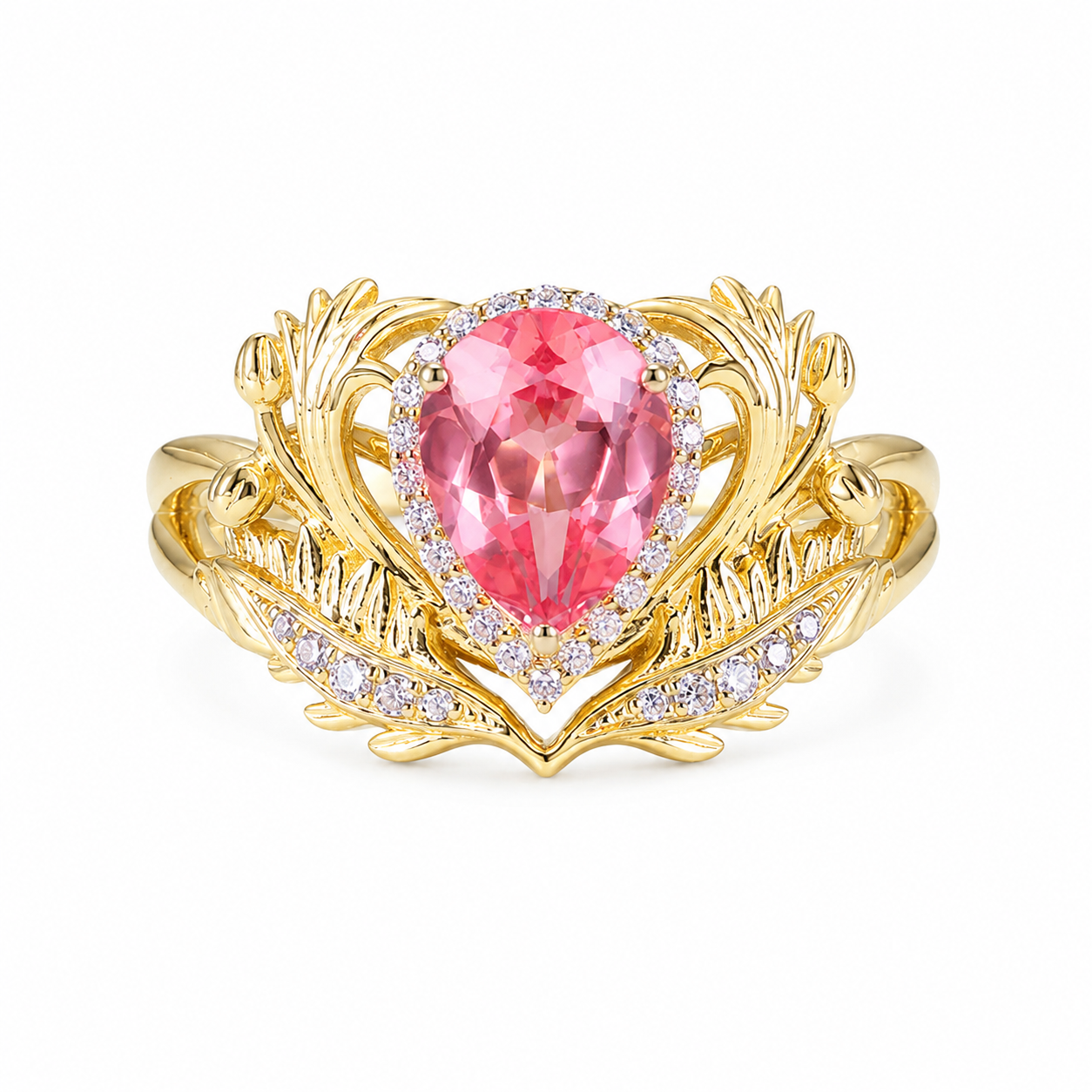 1.5CT Nature Inspired Pear Cut Moissanite Lab Grown Pink Sapphire Engagement Ring
