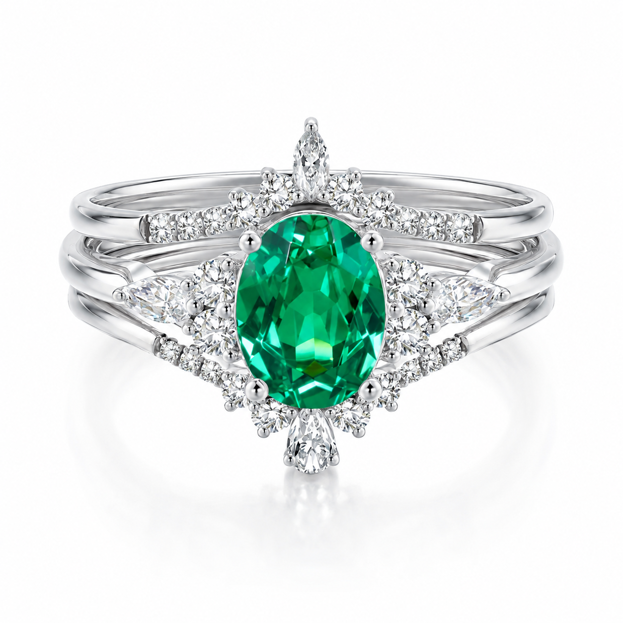 3pcs Oval Cut Tsavorite Green Engagement Bridal Set Gemstone Ring Stacking Bamennd