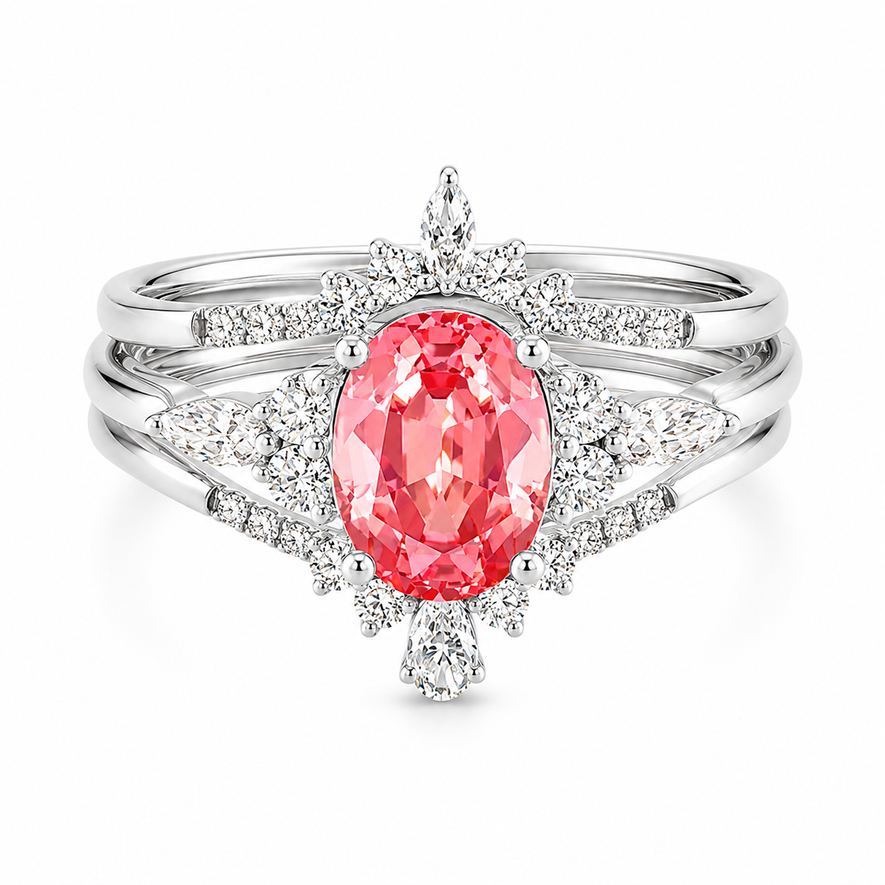 3pcs Oval Cut Padparadscha Engagement 14K White Gold Bridal Set Pink Gemstone Ring