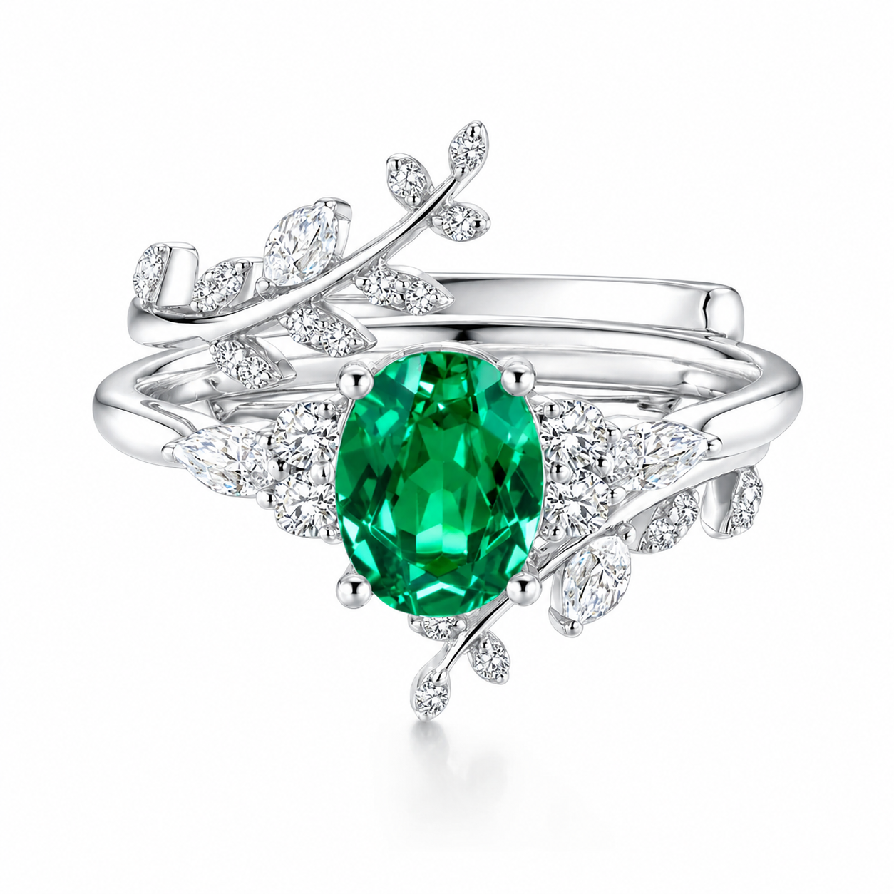 Oval Shaped Tsavorite Engagement White Gold Wedding Ring with Enhancer