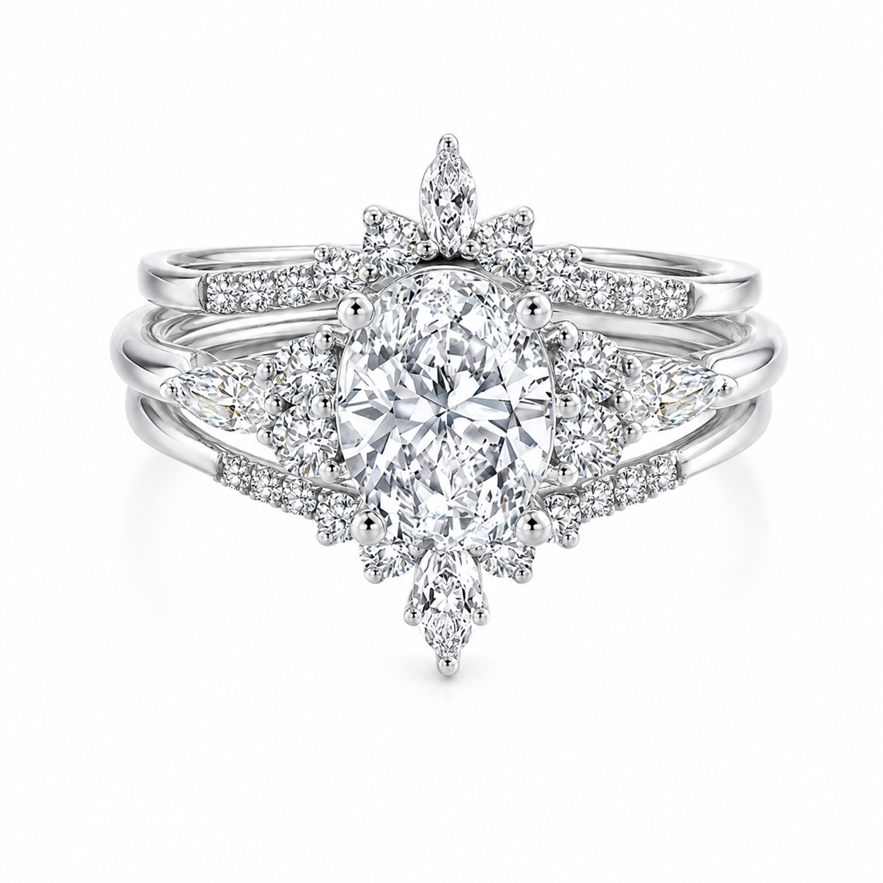 3pcs Oval Moissanite Engagement 14K White Gold Bridal Set Wedding Ring