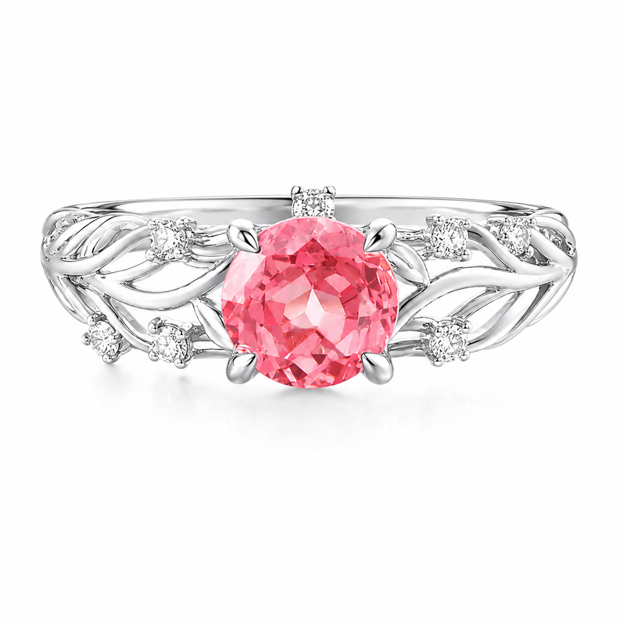 Vintage Round Shaped Padparadscha Engagement Unique 14K White Gold Leaf Branch Ring