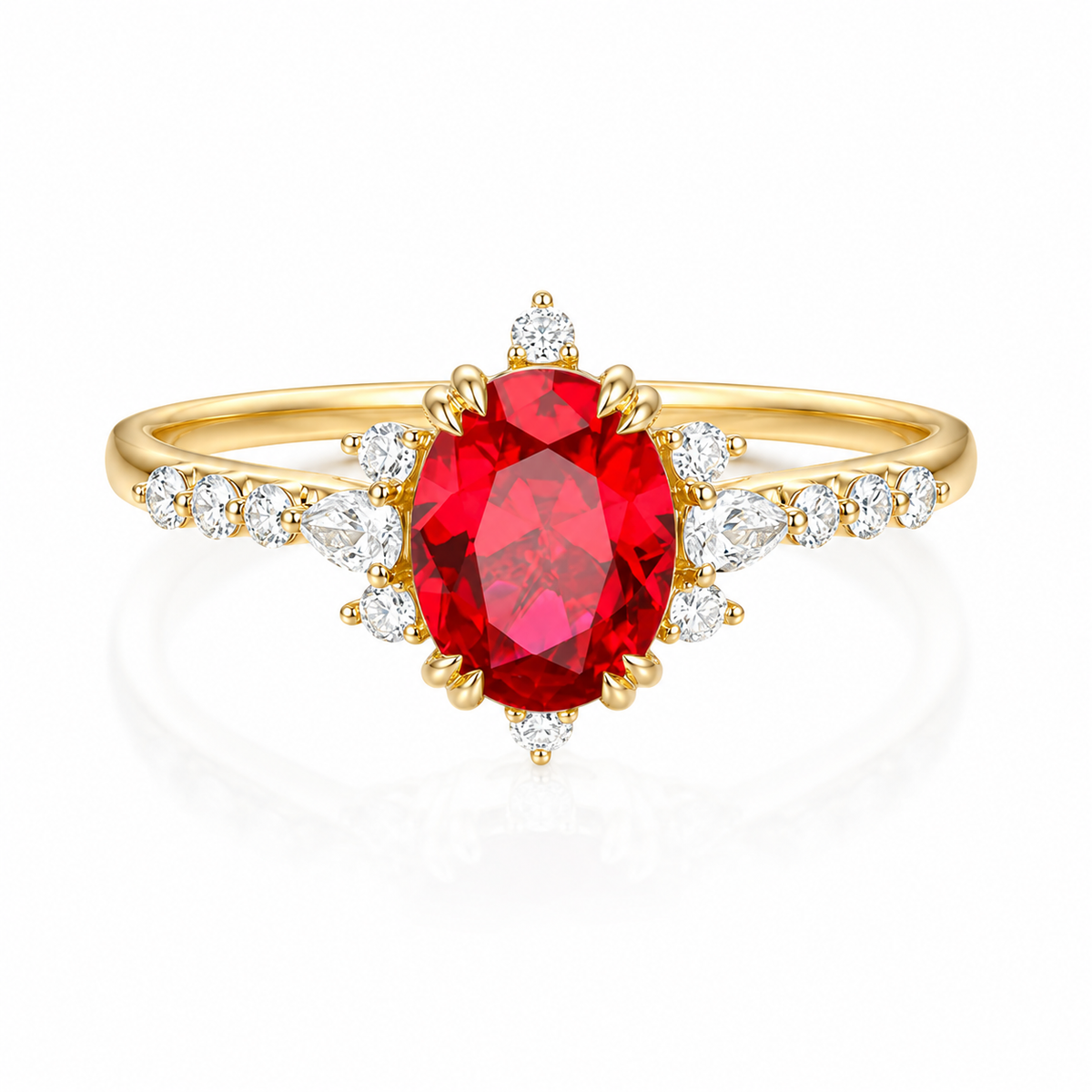 Art Deco Oval Cut Ruby Moissanite 14K Yellow Gold Birthday Gift Engagement Ring
