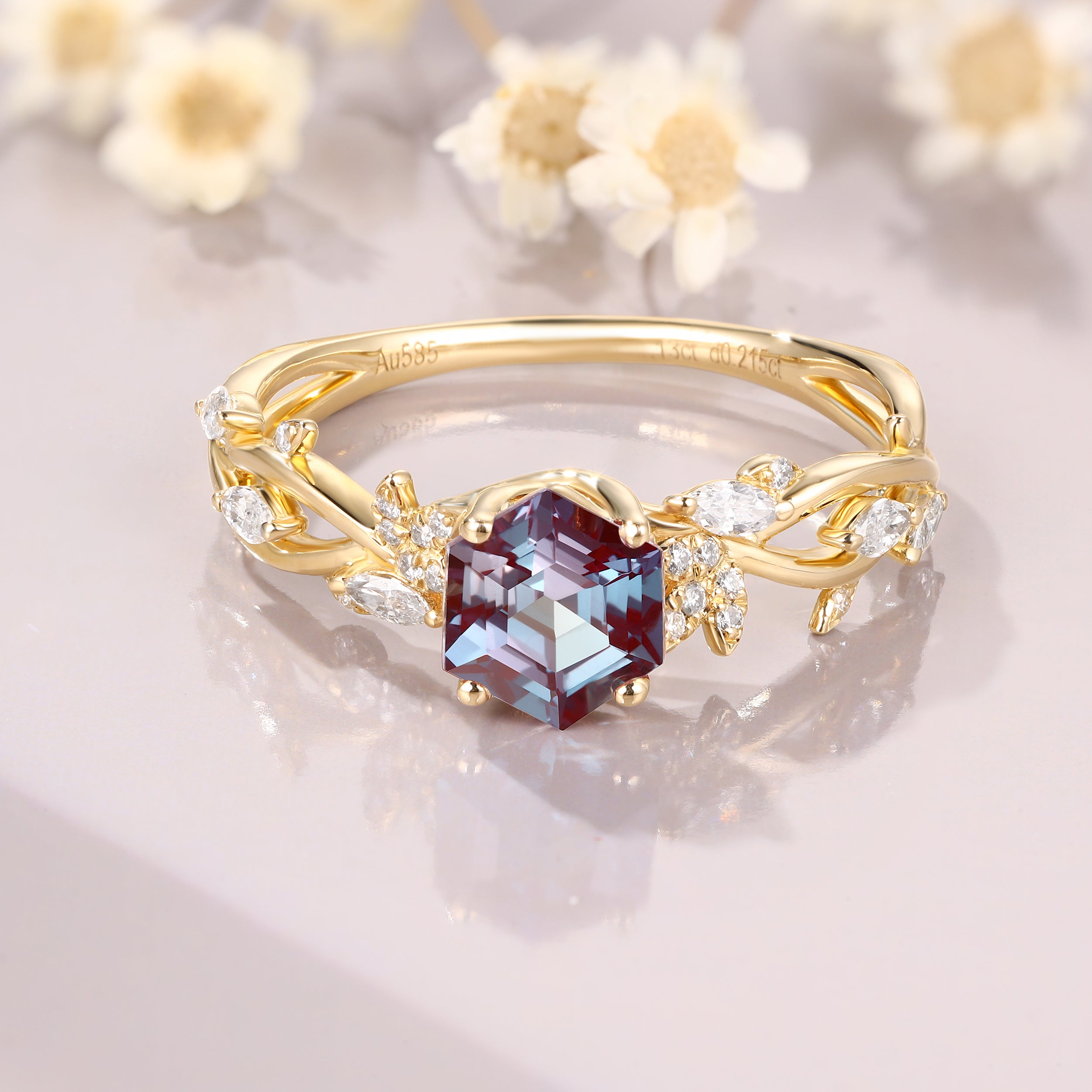 Hexagon Cut Alexandrite Engagement Twig Leaf Branch Design Color Changing Gemstone Ring