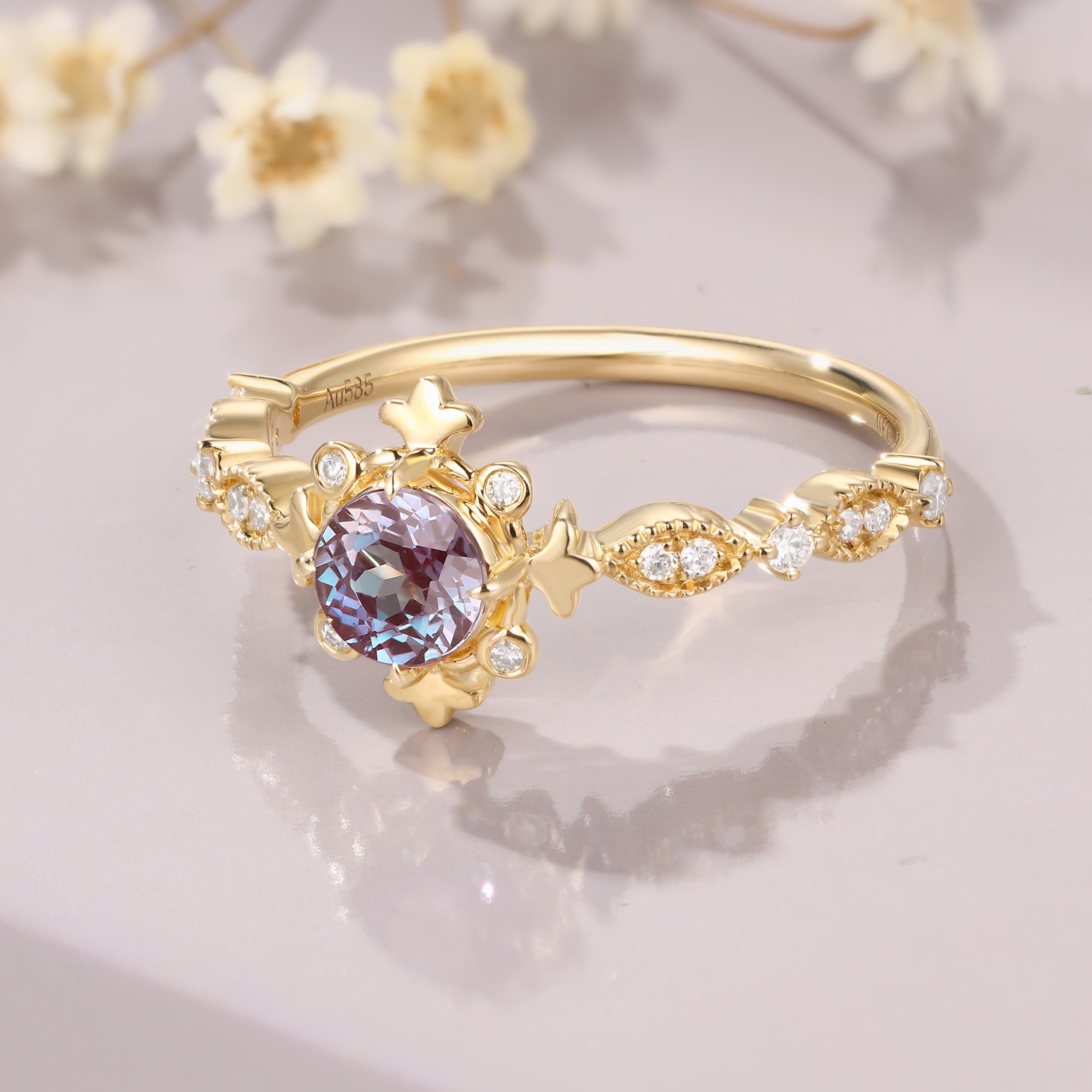 Alexandrite ring vintage round Alexandrite engagement ring 14K yellow gold ring anniversary gift for women
