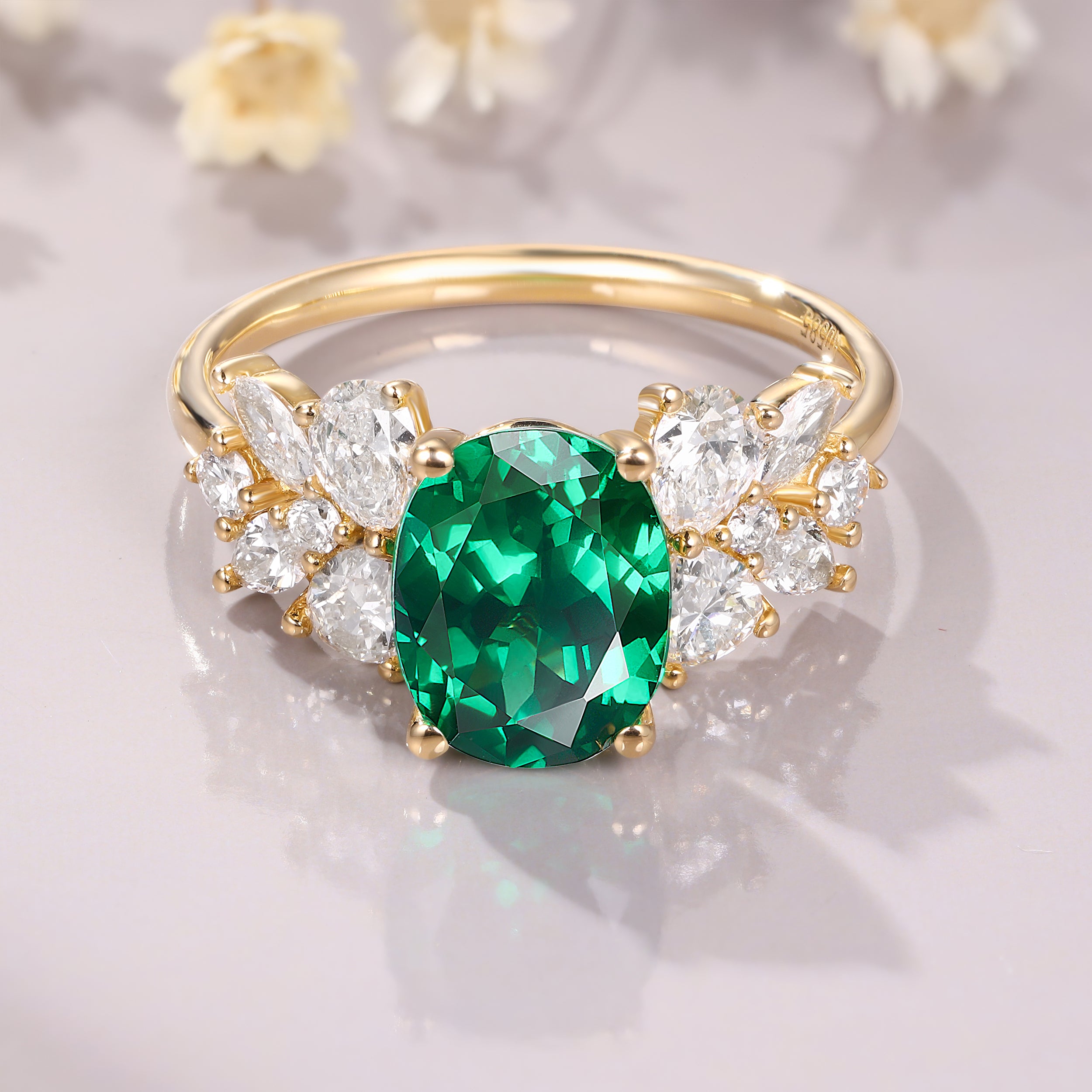 Tsavorite garnet engagement ring 14K yellow gold garnet ring moissanite cluster ring anniversary gift for women