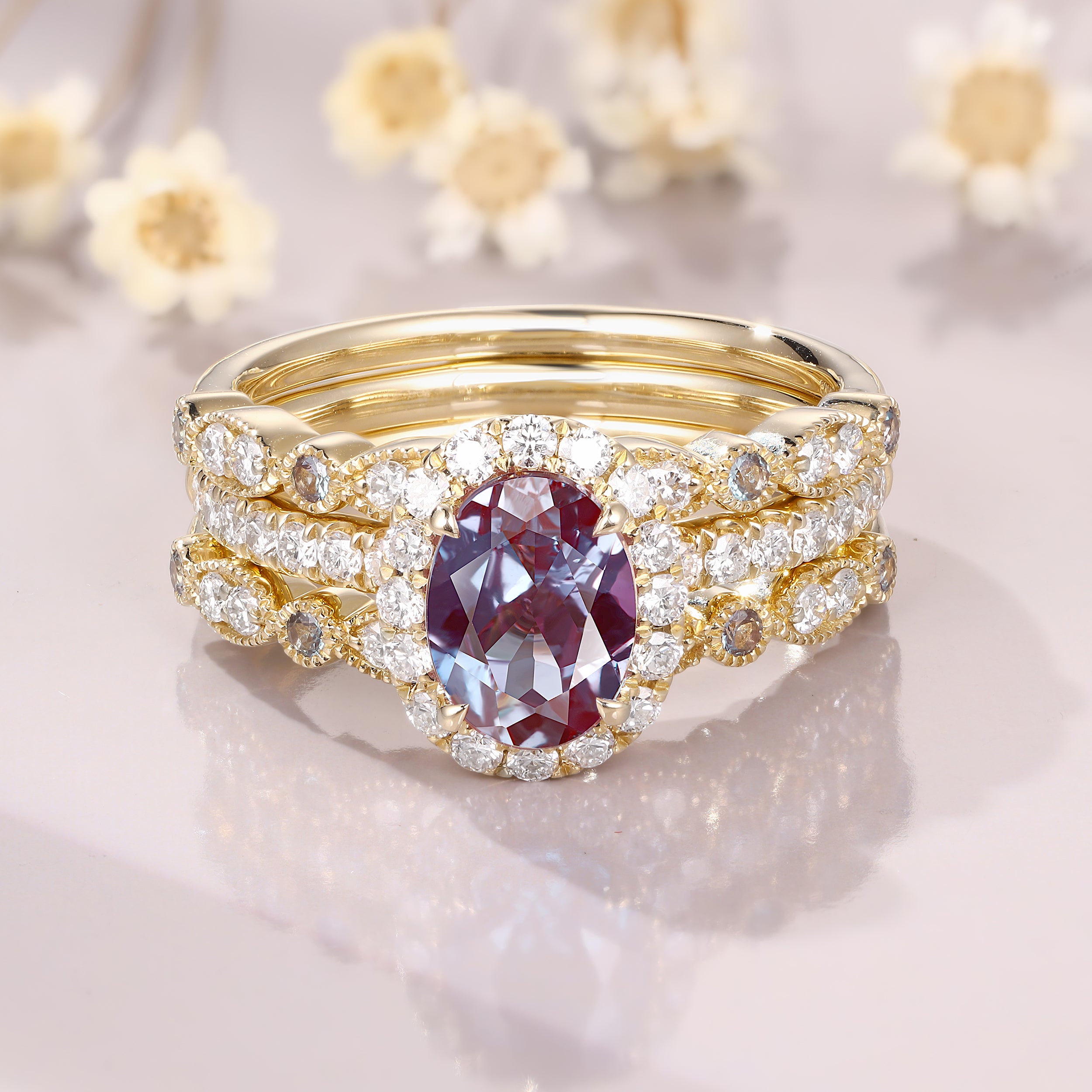 Oval Alexandrite Engagement Ring 14K Yellow Gold Moissanite Halo Ring Alexandrite Halo Ring Anniversary Gift For Women