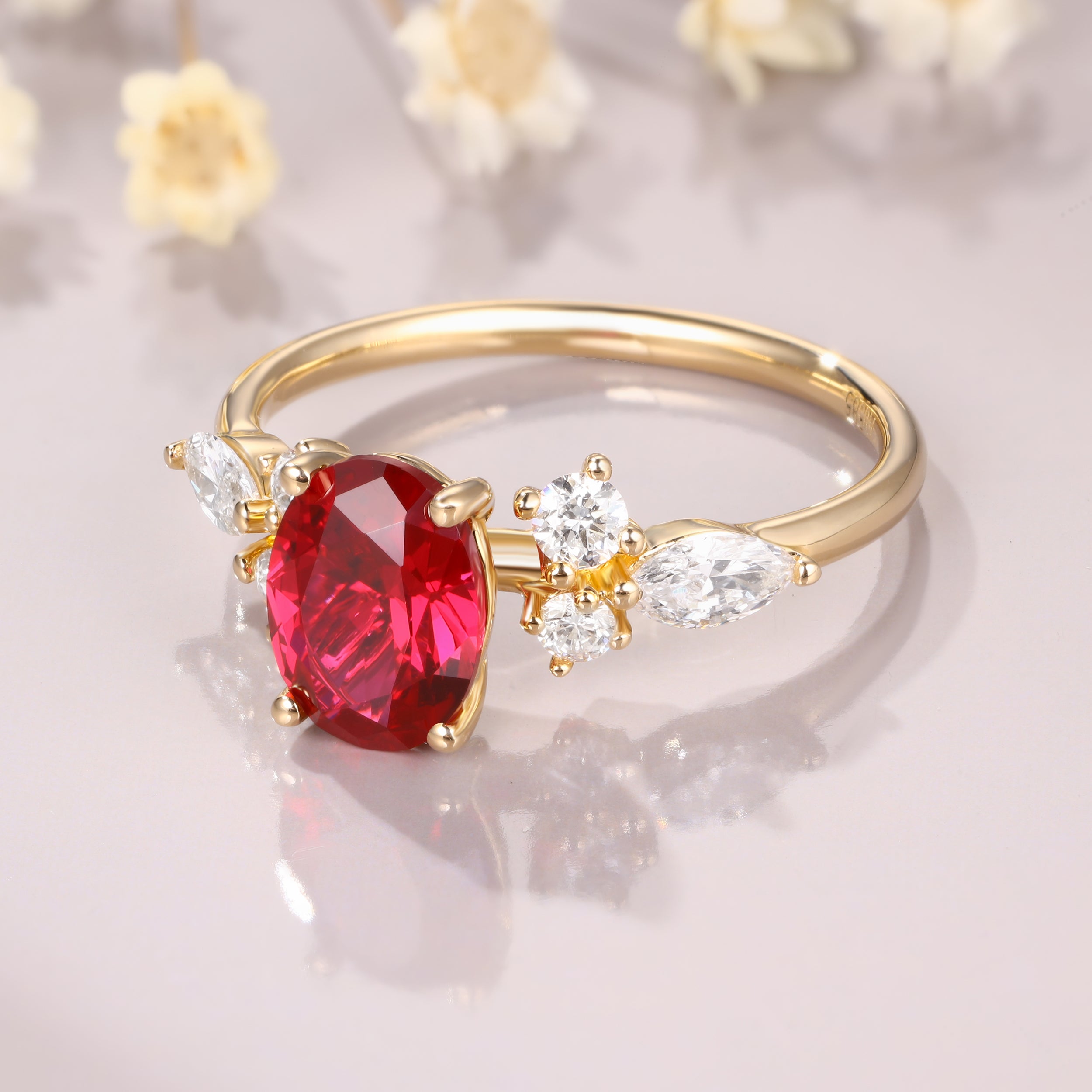 Oval Cut Red Ruby Engagement Ring 14K Yellow Gold marquise moissantie ring Art Deco Ruby Promise Ring Vintage Wedding Bridal Ring For Women