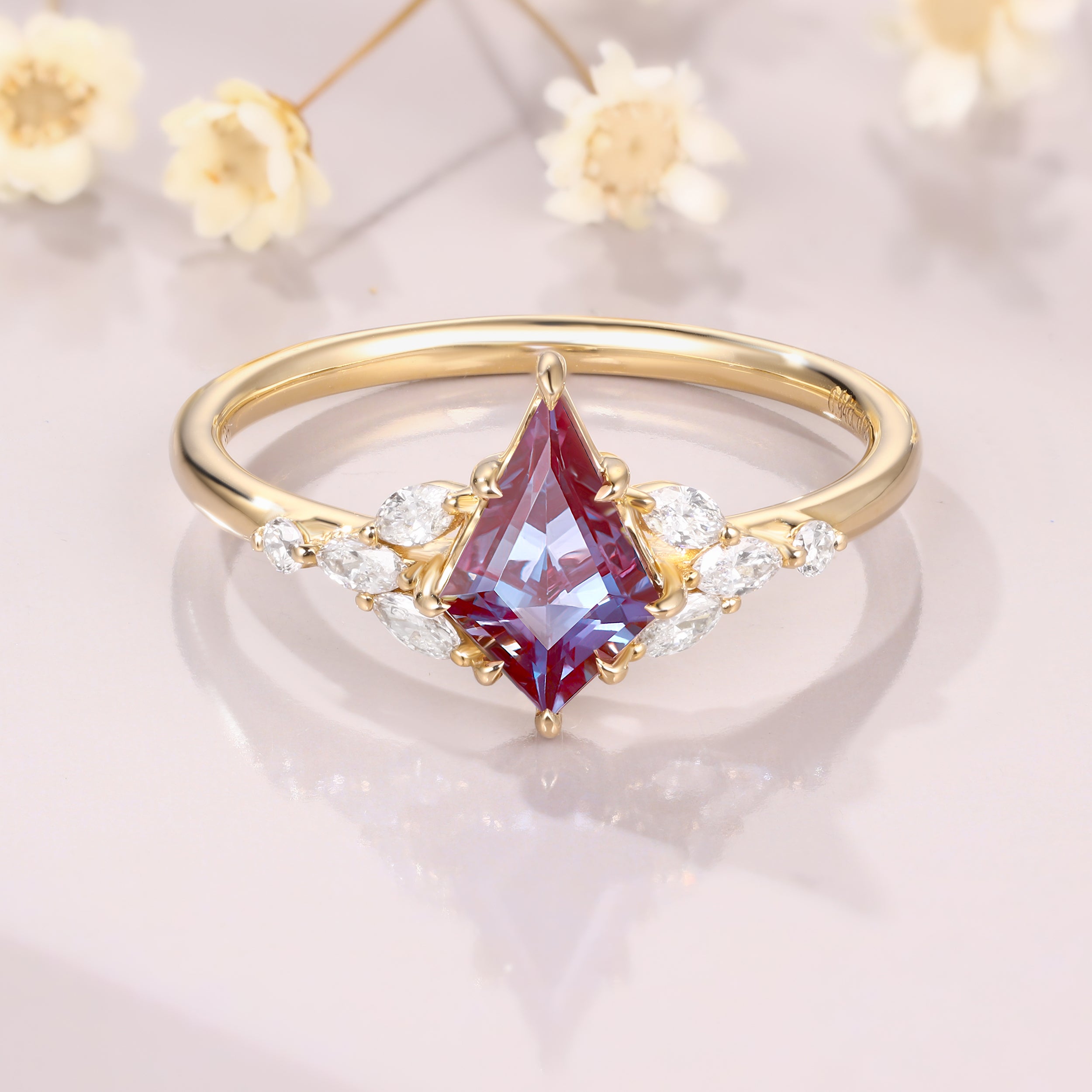 Vintage Kite Cut Alexandrite Engagement Unique Color Change Gemstone Ring