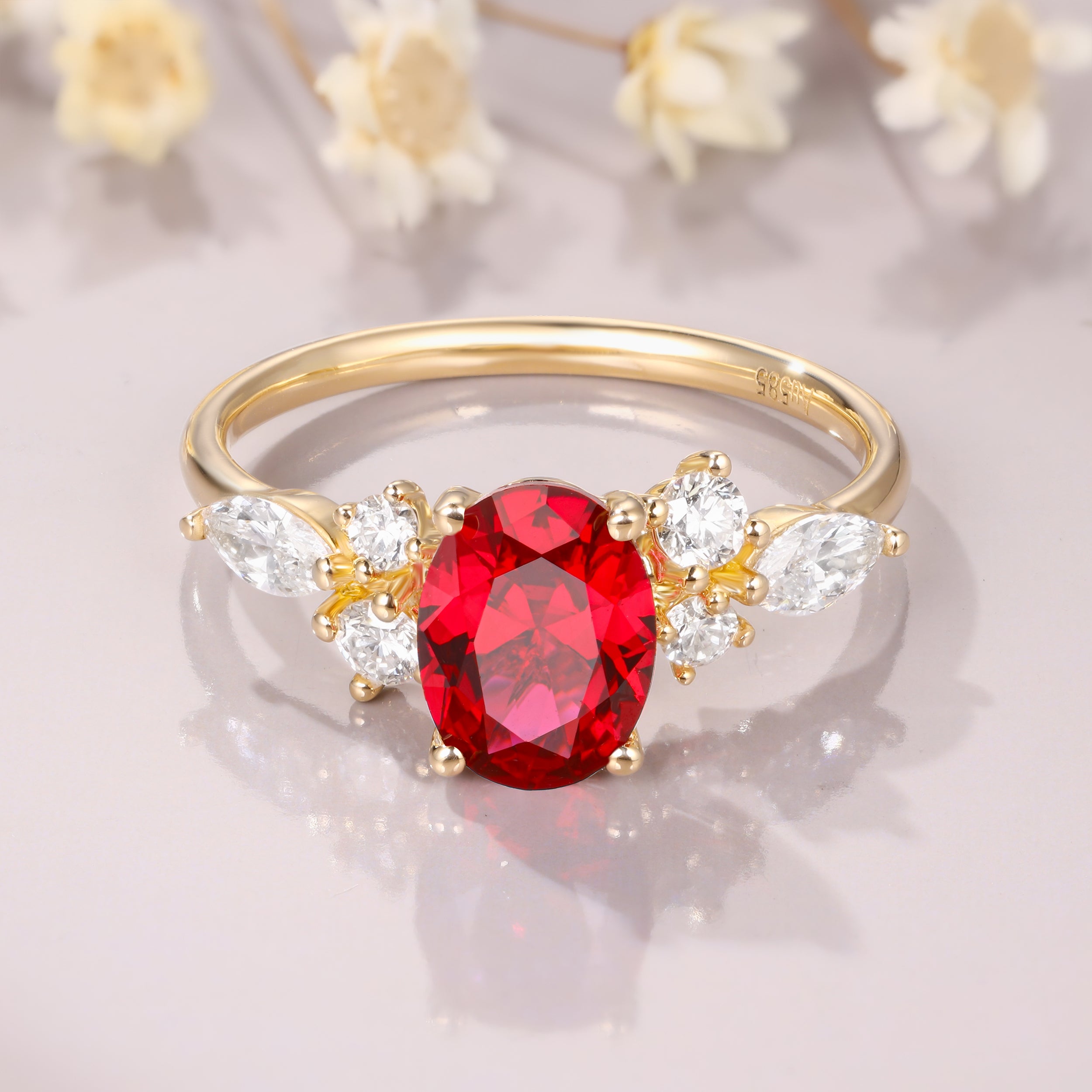Oval Cut Red Ruby Engagement Ring 14K Yellow Gold marquise moissantie ring Art Deco Ruby Promise Ring Vintage Wedding Bridal Ring For Women