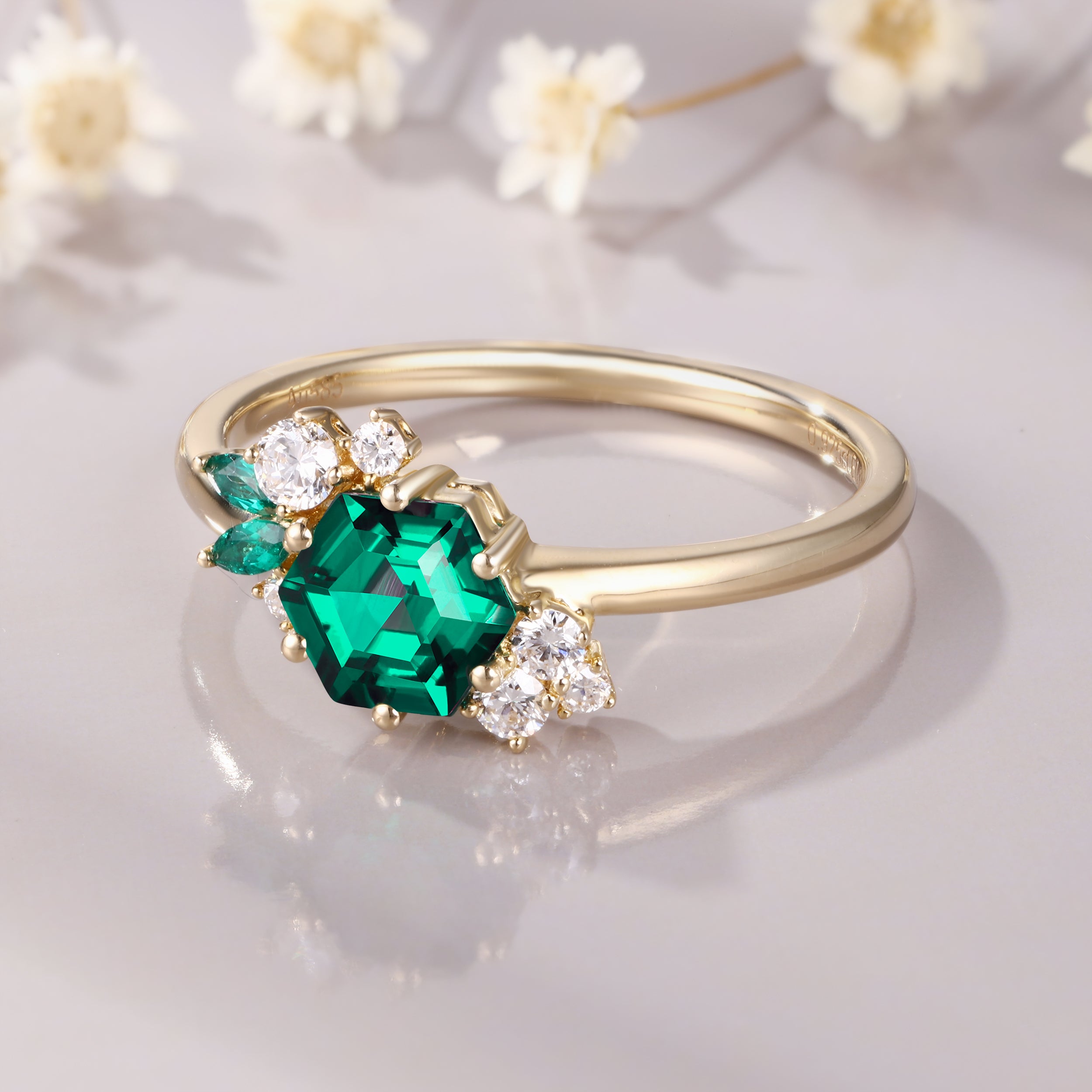 Vintage Hexagon Emerald engagement ring 14K yellow gold emerald ring art deco moissanite bridal wedding ring for women May birthstone