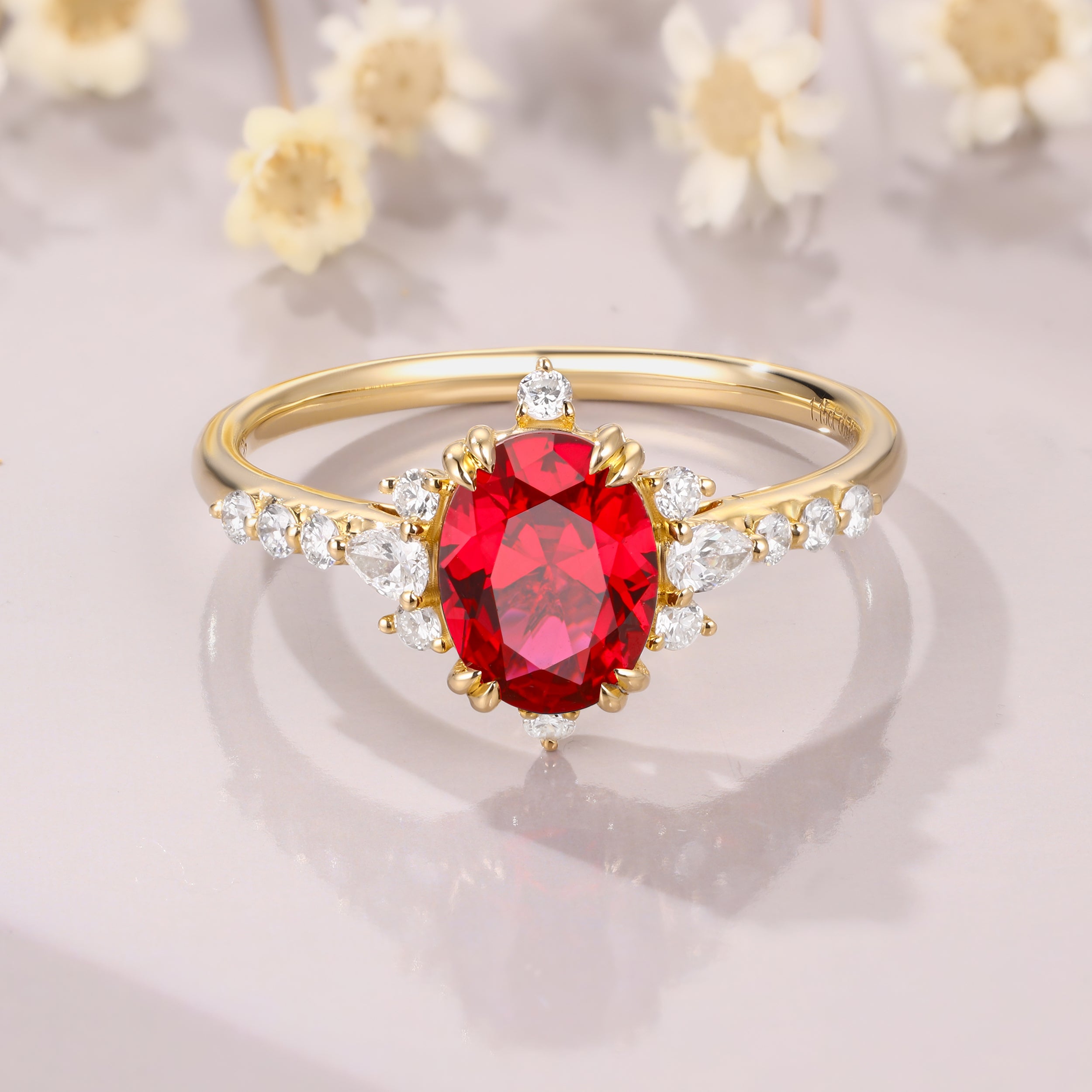 Oval cut Ruby engagement ring art deco ruby ring 14K yellow gold moissanite ring birthday gift