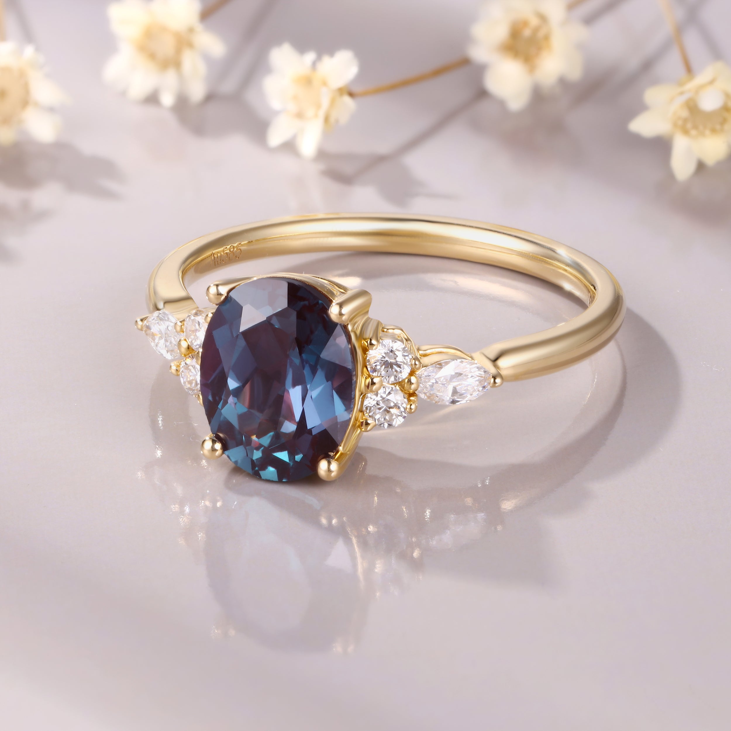 Oval Cut Alexandrite Moissanite 14K White Gold Color Changing Gemtone June Birthstone Ring