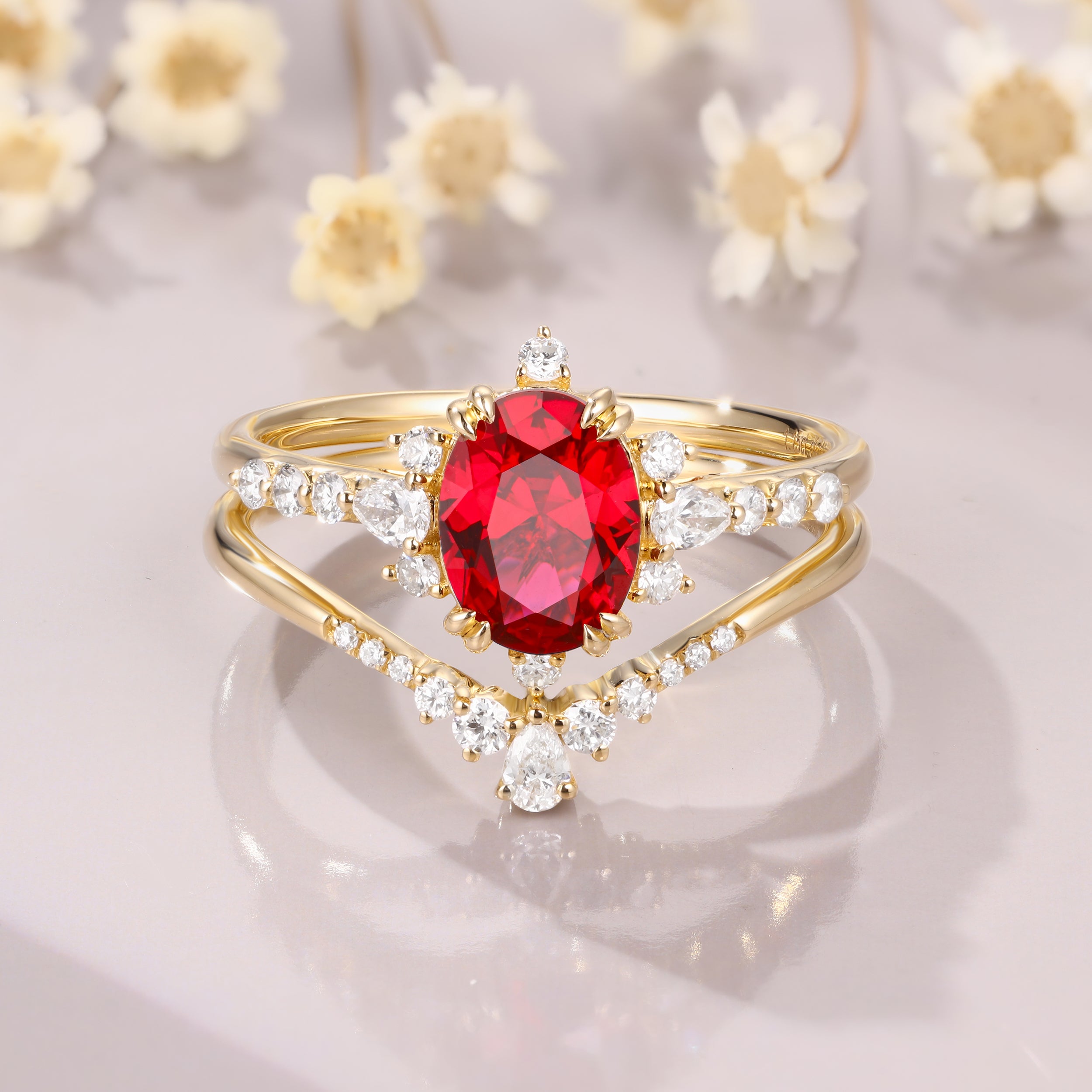 Oval cut Ruby engagement ring art deco ruby ring 14K yellow gold moissanite ring birthday gift