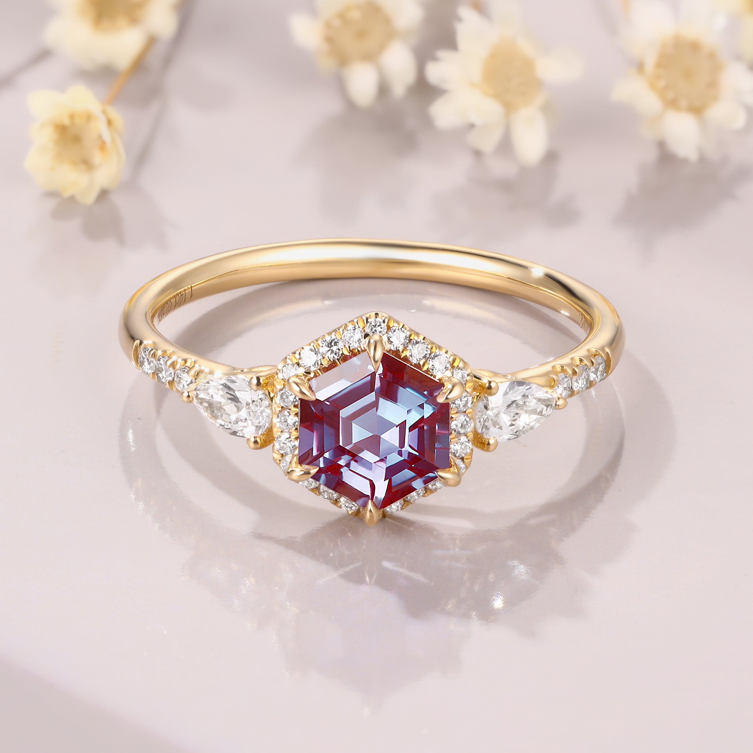 Vintage Hexagon Cut Alexandrite Moissanite Engagement 14K Yellow Gold Halo Ring