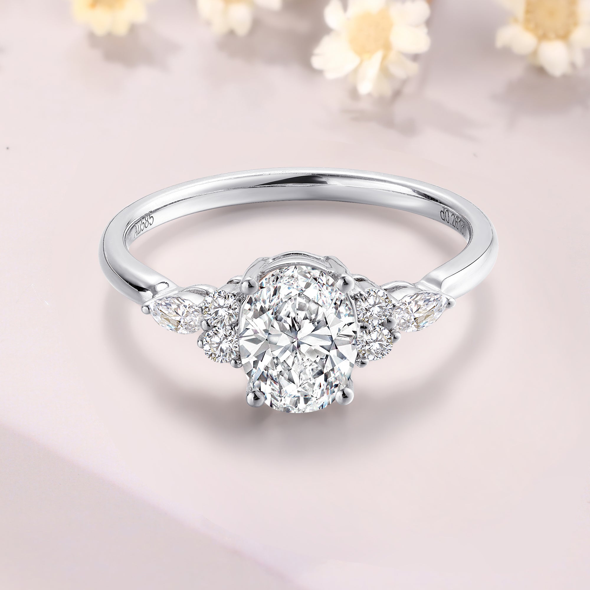 6*8mm 1.5ct Oval Cut Moissanite Engagement Ring unique 14K White gold cluster engagement ring Moissanite Promise Ring gift for girlfriends