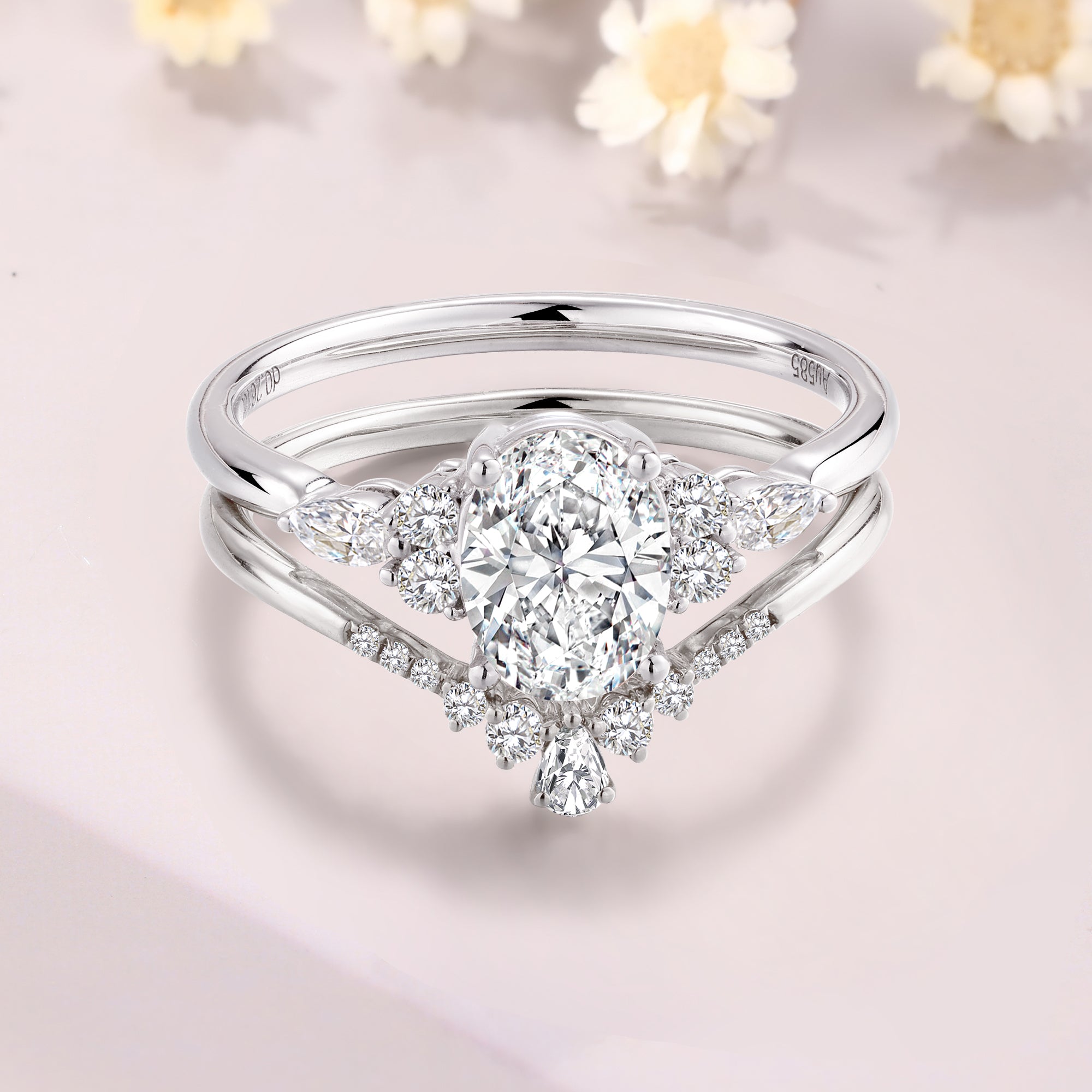 Oval Cut Moissanite Engagement Ring Set 14K White Gold Moissanite wedding bridal set gold promise ring set for women