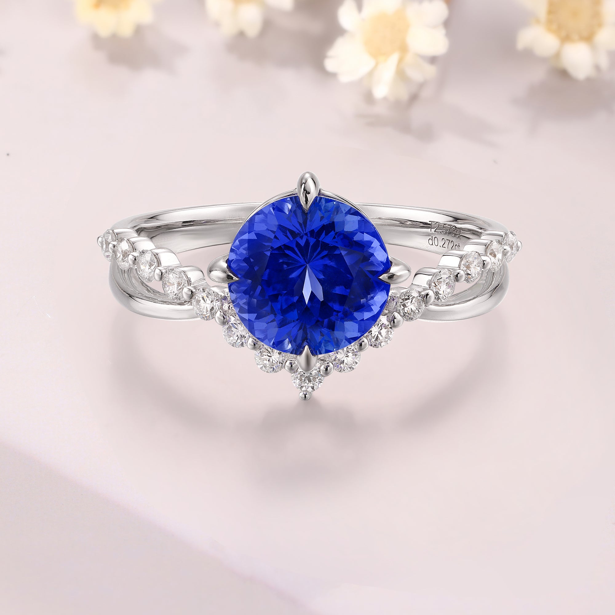 Round Cut Tanzanite Engagement Ring 14K white gold twisted Moissanite Ring Tanzanite solitaire ring for women