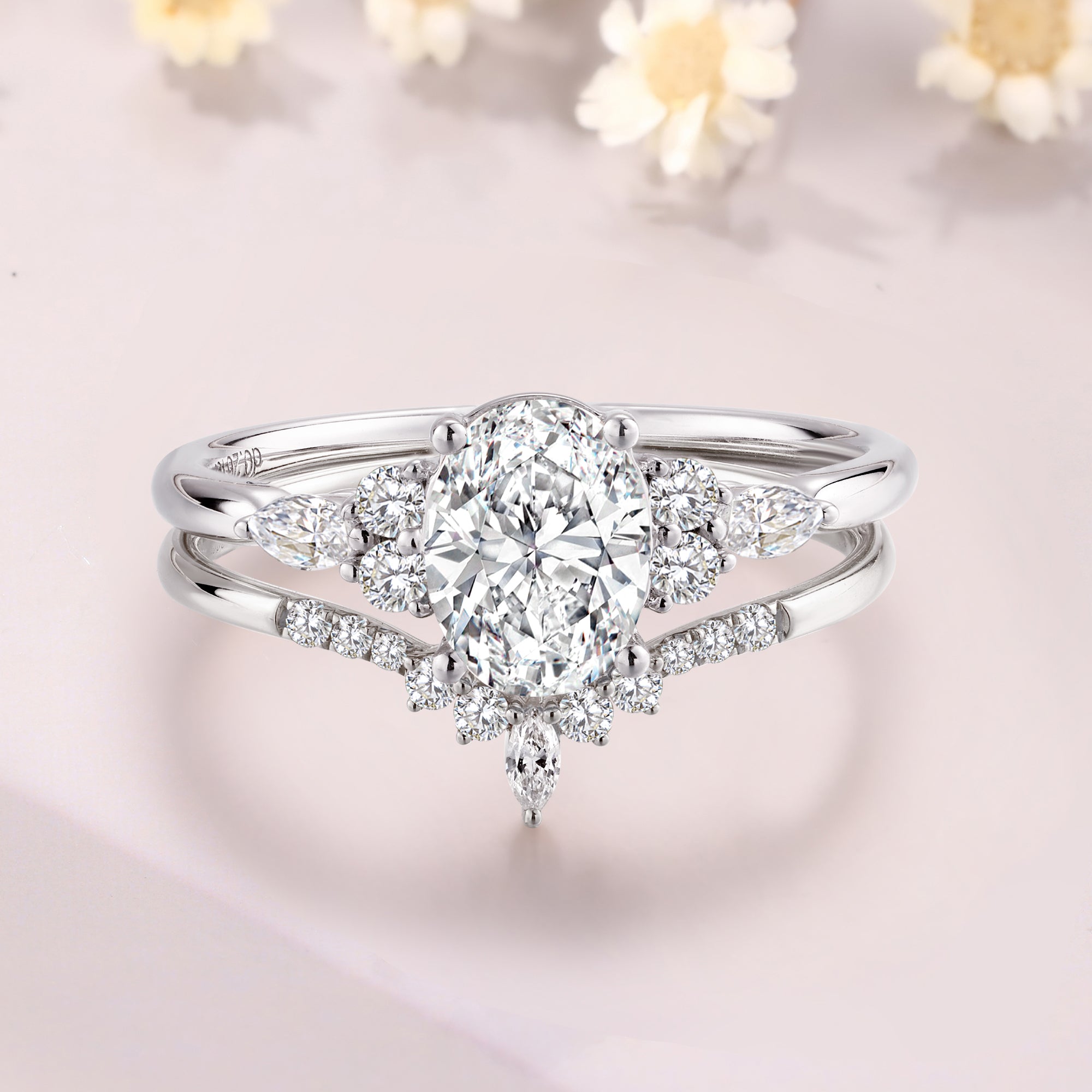 Oval Cut Moissanite Engagement Ring set 14K white gold moissanite bridal set wedding curved band for women
