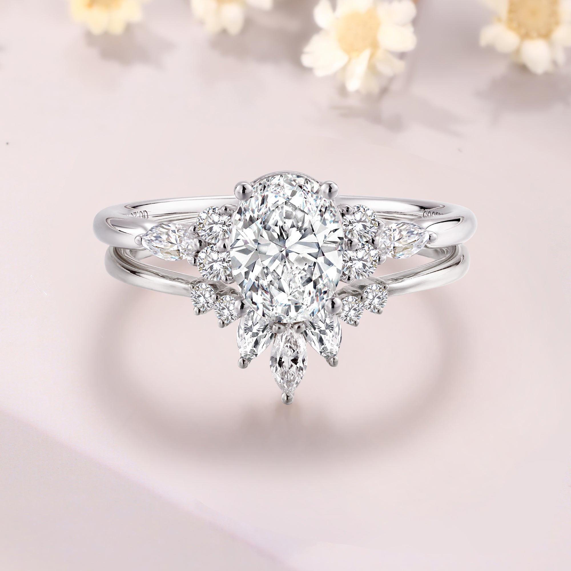 Oval cut Moissanite engagement ring set vintage White gold engagement ring set  Bridal Set Unique Oval Engagement Rings For Women
