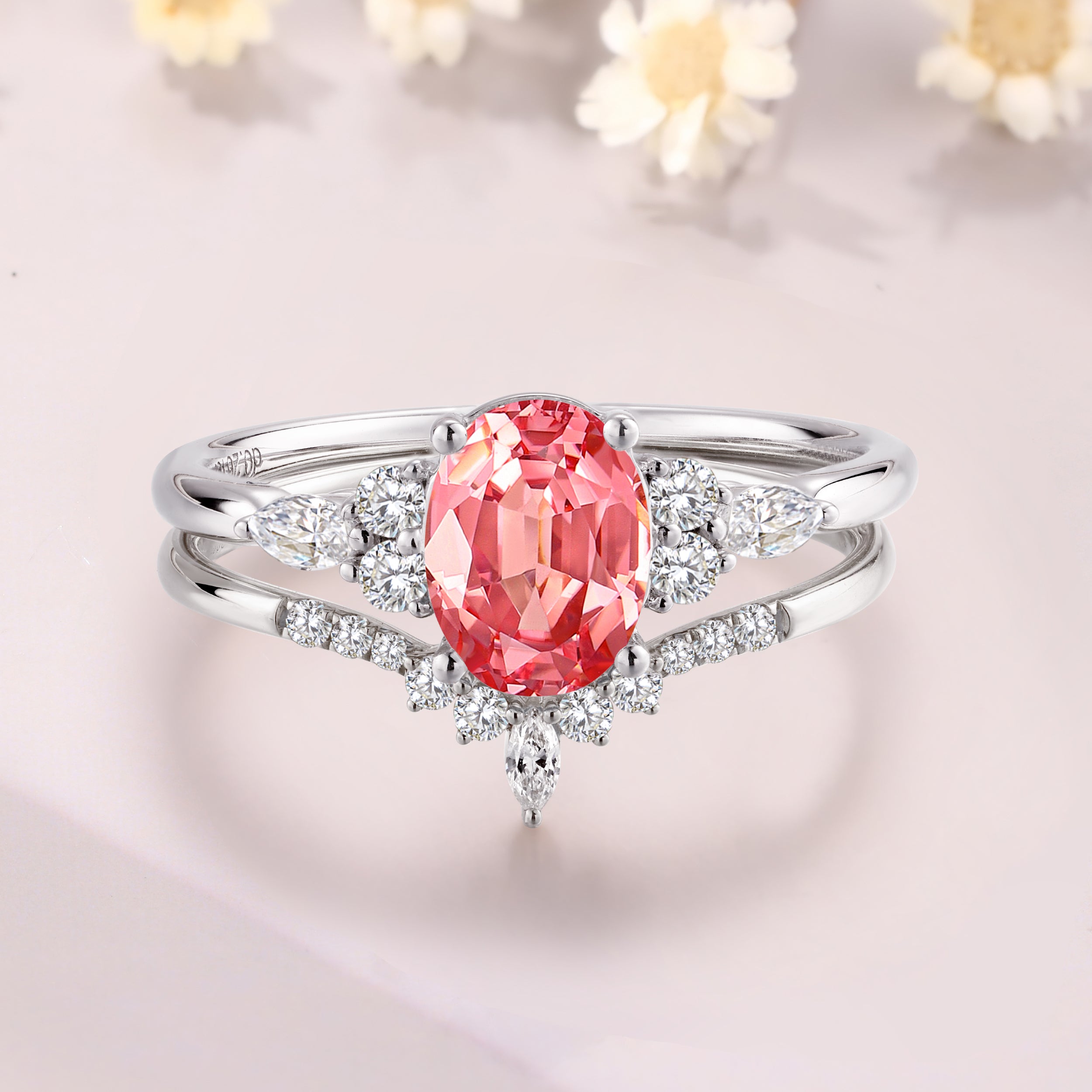 Oval Padparadscha sapphire engagement ring set 14K white gold pink sapphire bridal set pink gemstone ring Birthday Gift