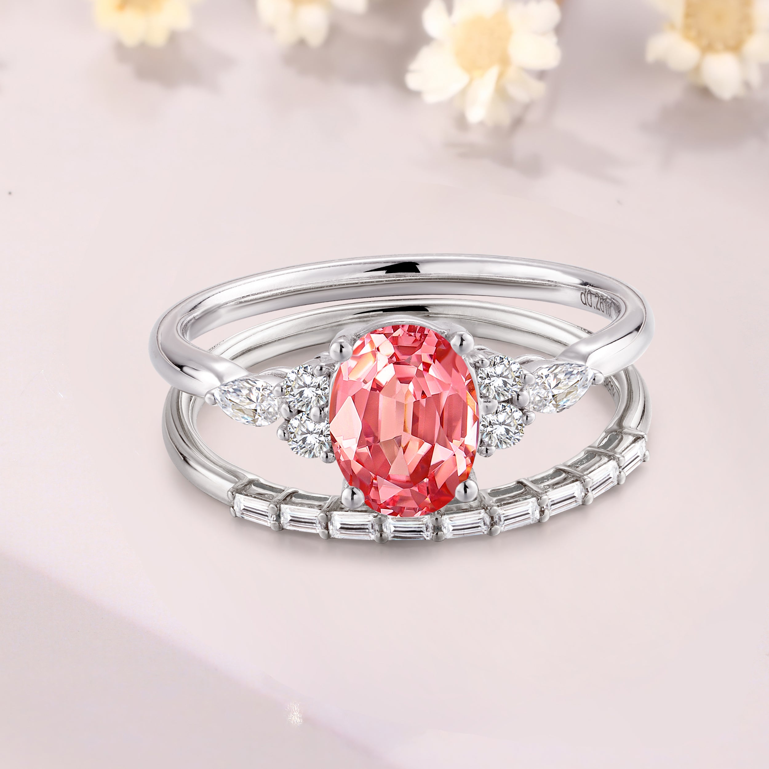 Oval cut Padparadscha sapphire engagement ring set art deco pink sapphire bridal set 14K white gold baguette matching Band