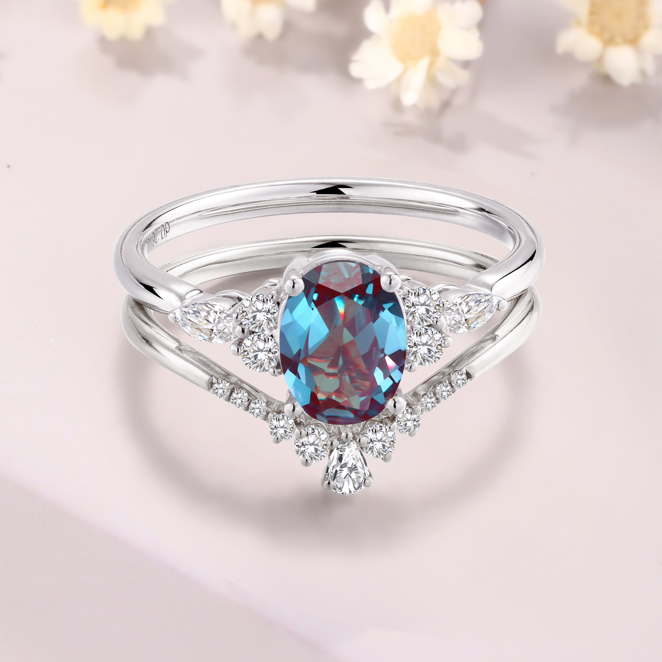 Vintage Alexandrite Engagement Ring Set Art Deco white gold alexandrite bridal ring set June Birthstone Ring color changing stone anniversary gift